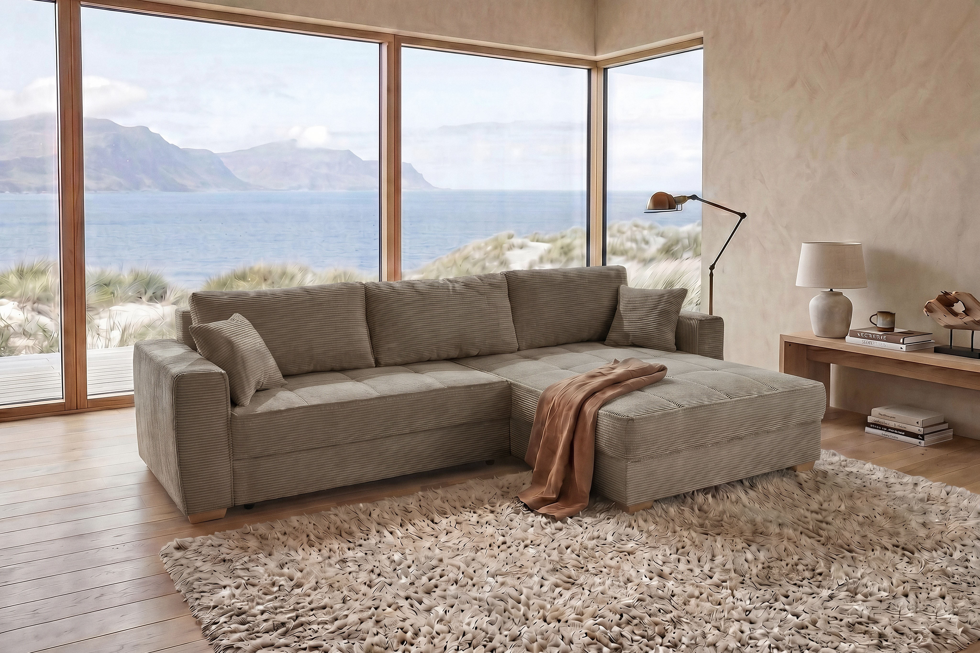 Jockenhöfer Gruppe Ecksofa "Bologna, L-Form, Breite: 298 cm, Cord-Bezug, beidseitig montierbar" mit Schlaffunktion, Bettkasten & Zierkissen, XXL-Ottomane