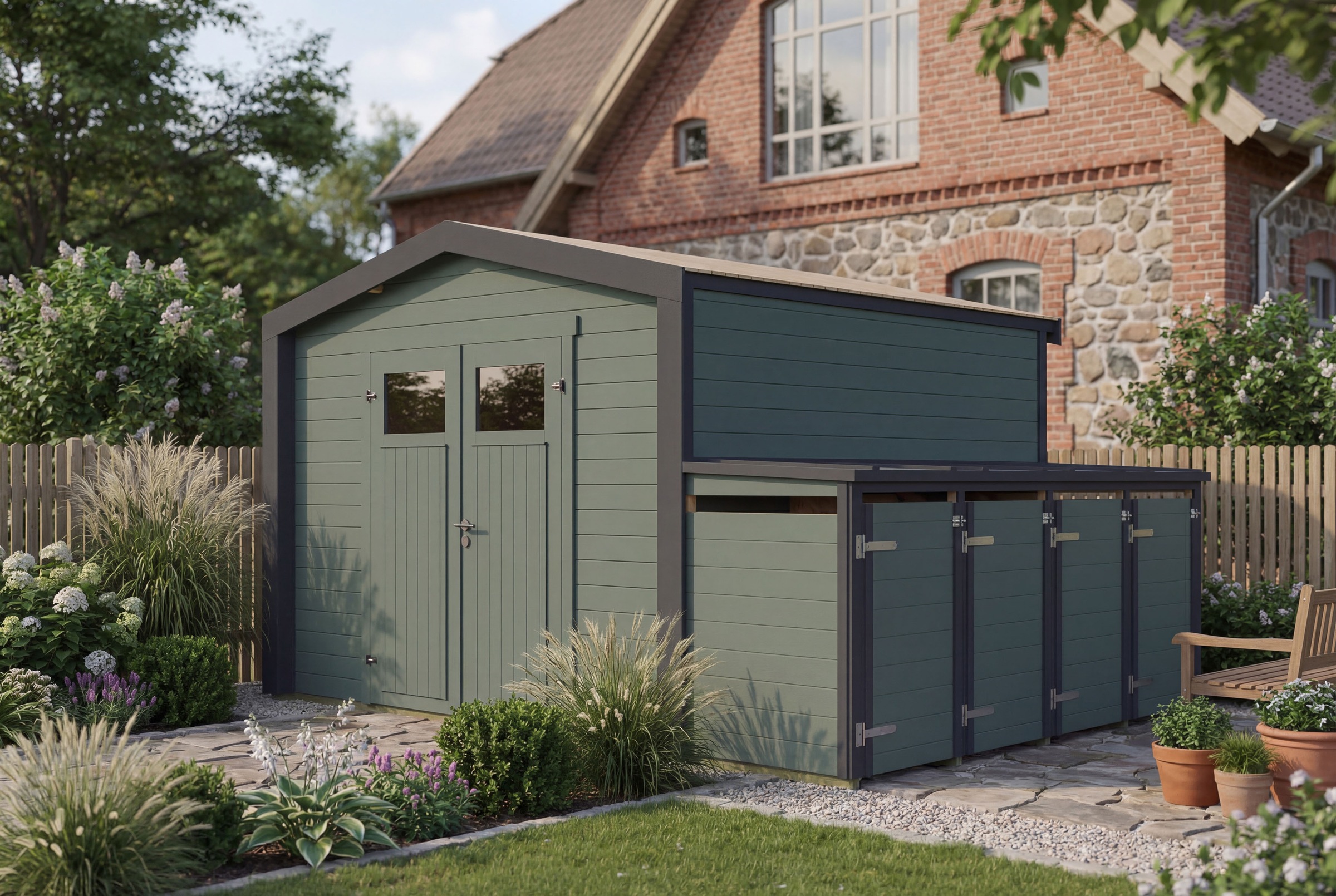 weka Gartenhaus "Killarney" Doppeltür, 1/4 verglast, inkl. 4er Mülltonnenbox