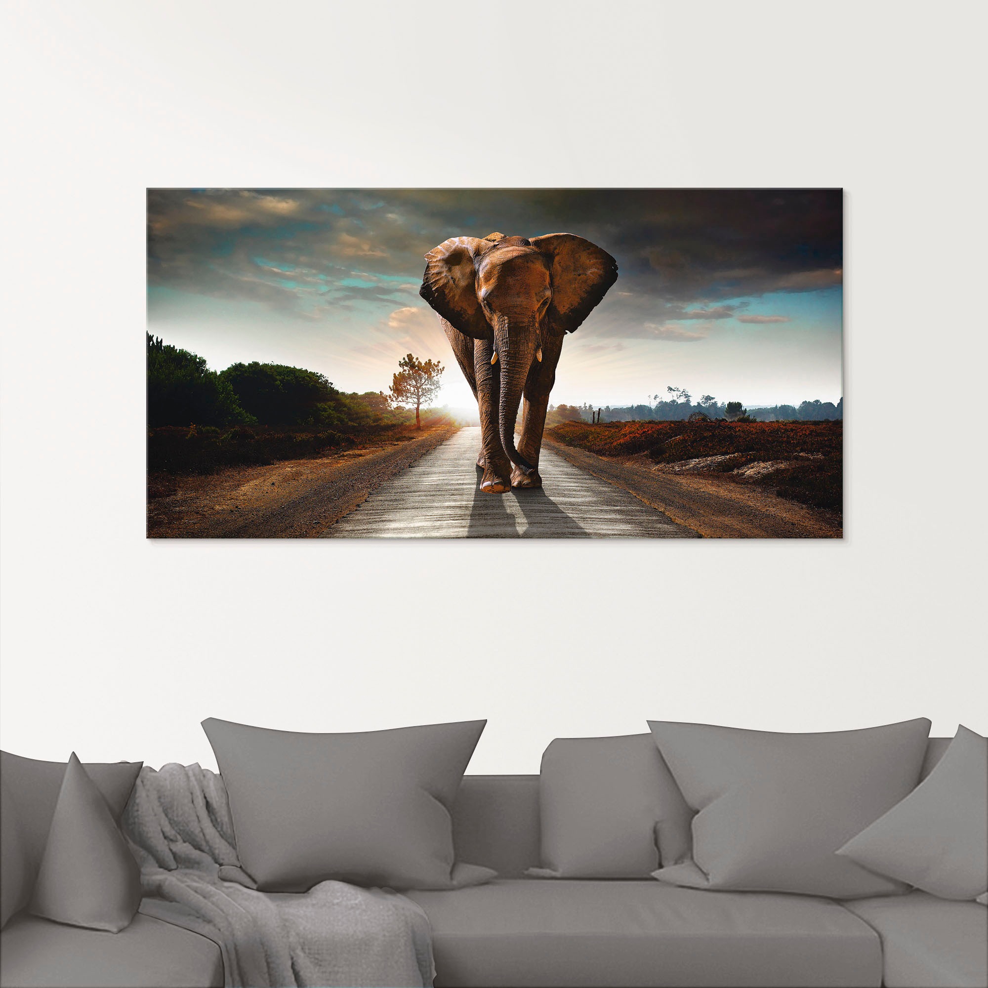 Artland Glasbild "Ein Elefant läuft auf der Straße" Wildtiere 1 Stk. tlg. i günstig online kaufen