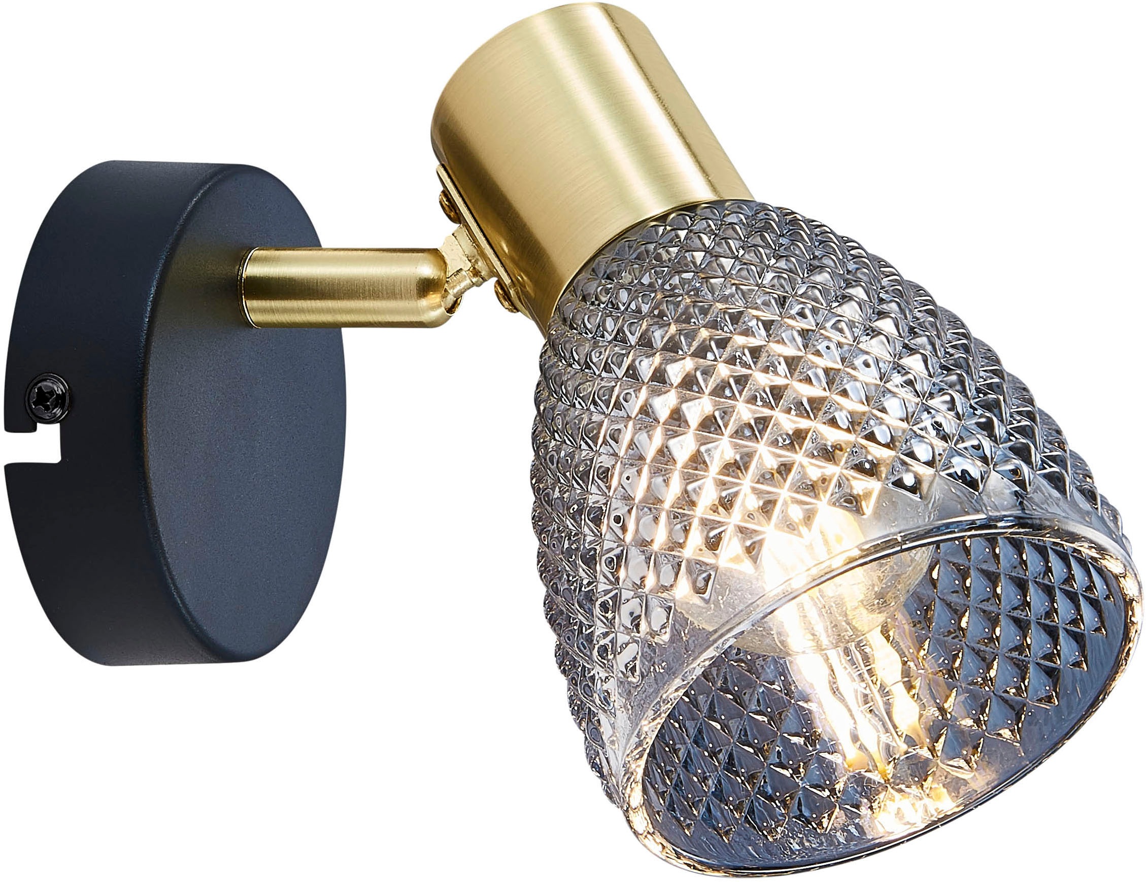 näve Wandleuchte »Lindita« E14 1 Stk. 1er Spot, Relief-Glasschirm smokey, Gestell messing matt, 1x E14 exkl.