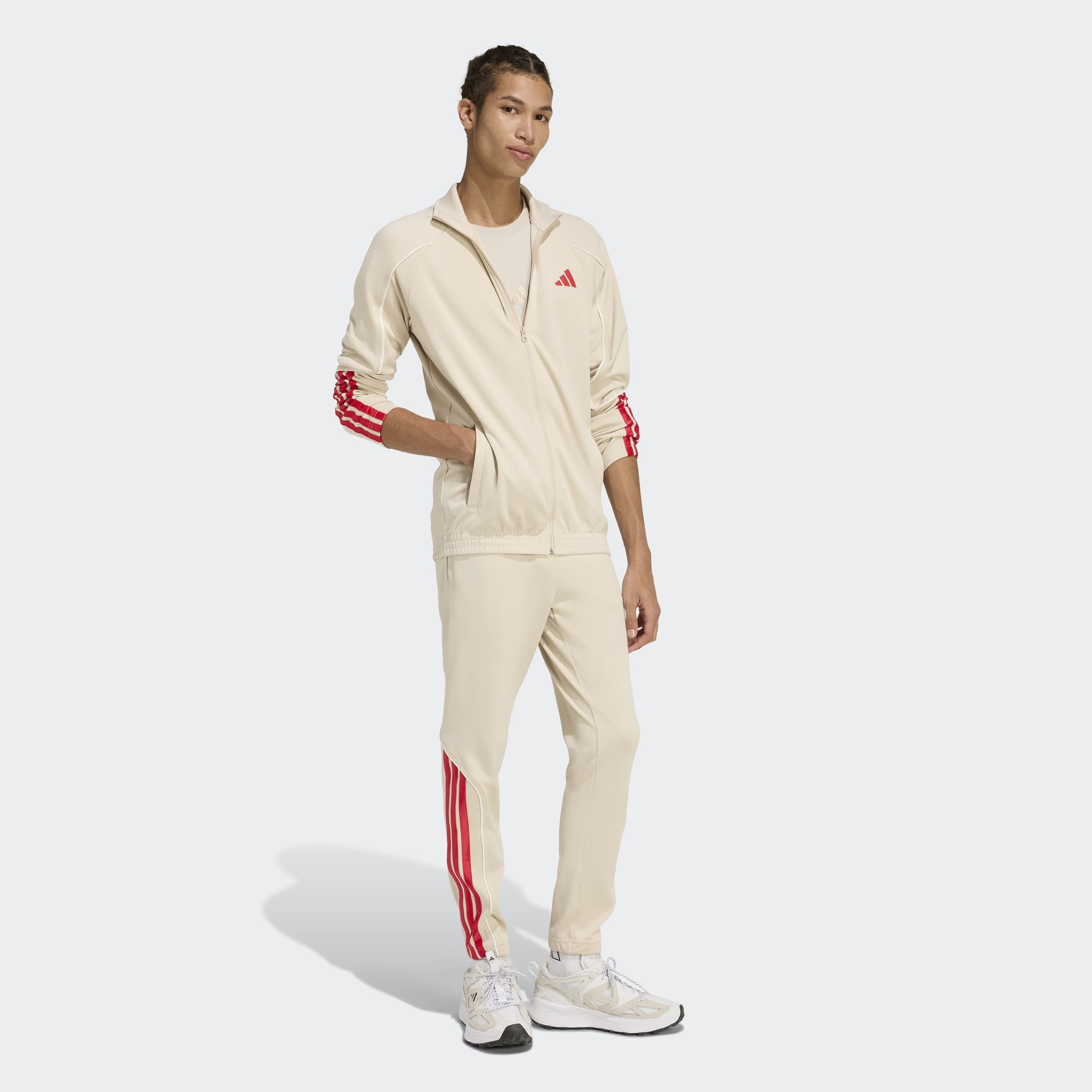 Trainingsanzug ADIDAS SPORTSWEAR "STADIUM 3-STREIFEN", Herren, Gr. M, crystal linen, pure ruby, Obermaterial: 100% Polyester, Sportanzüge Trainingsanzug, zweiteiliges Set aus Jacke und Hose, aus leichtem Polyester
