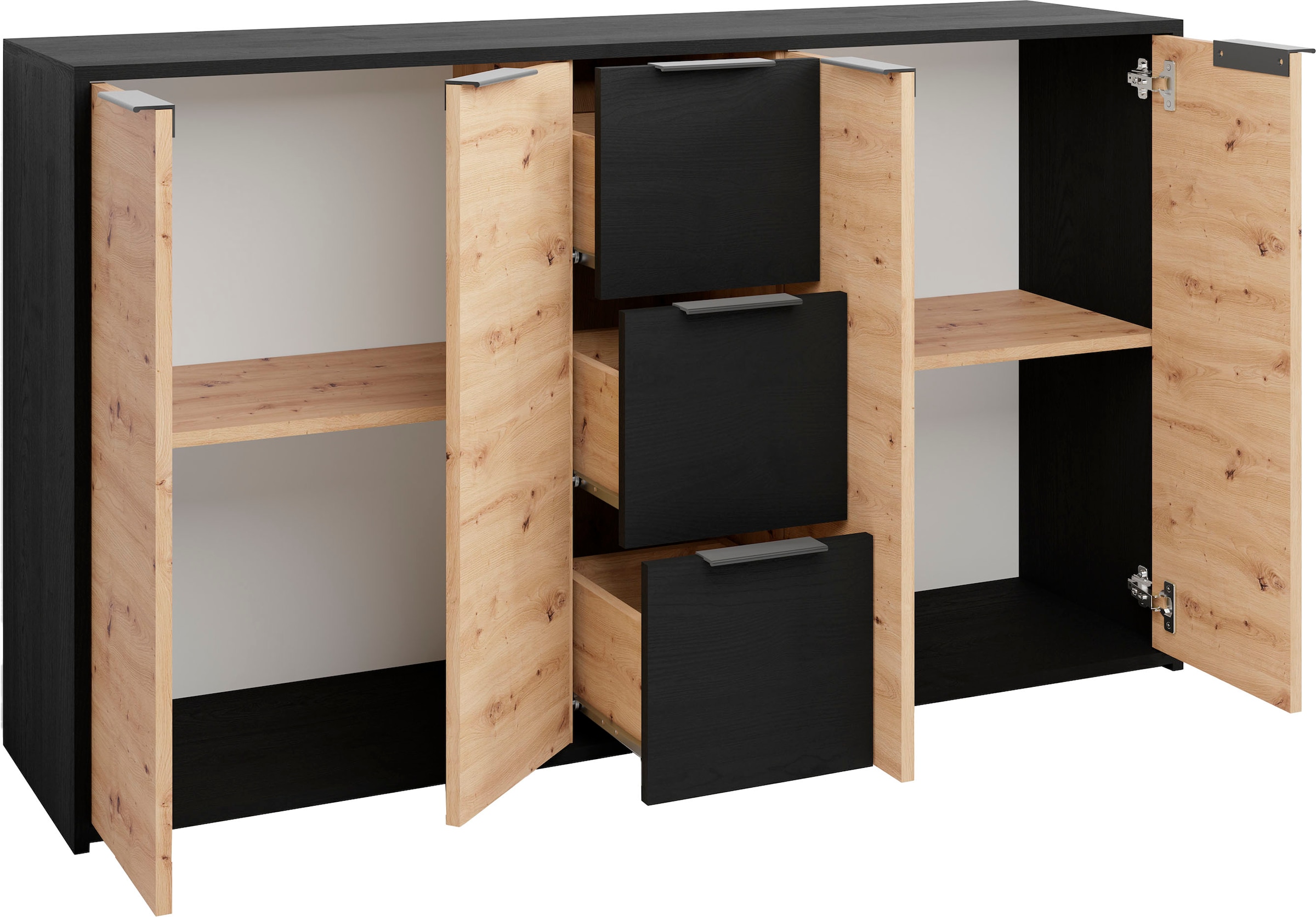 byLIVING Sideboard »Rimini«, Melamin Eiche schwarz und Artisan Eiche, 3 Schubkästen, 4 Türen