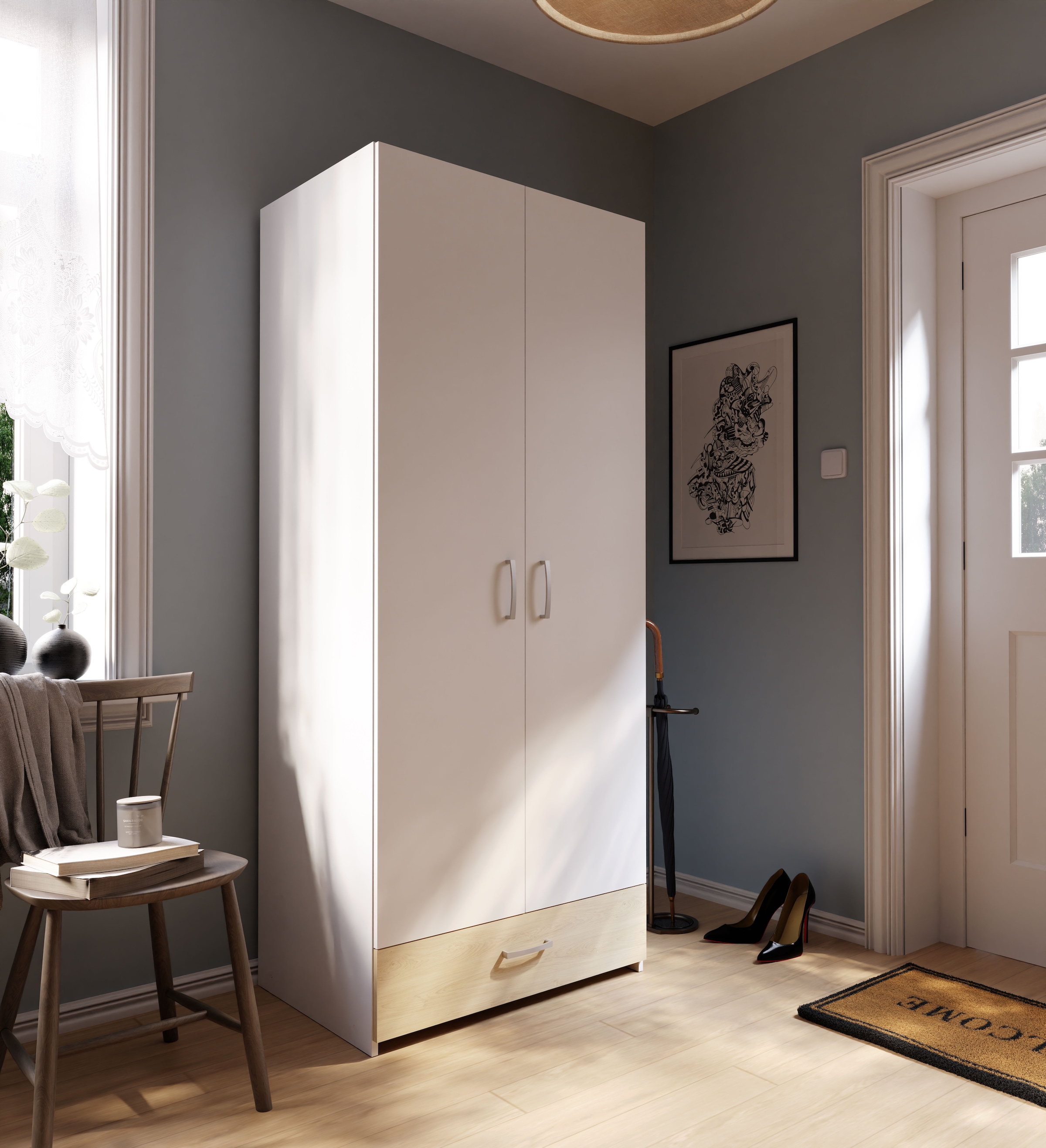 FORTE Drehtürenschrank »Econobox«, Drehtürenschrank, zeitloses Design mit alufarbigen Griffen.