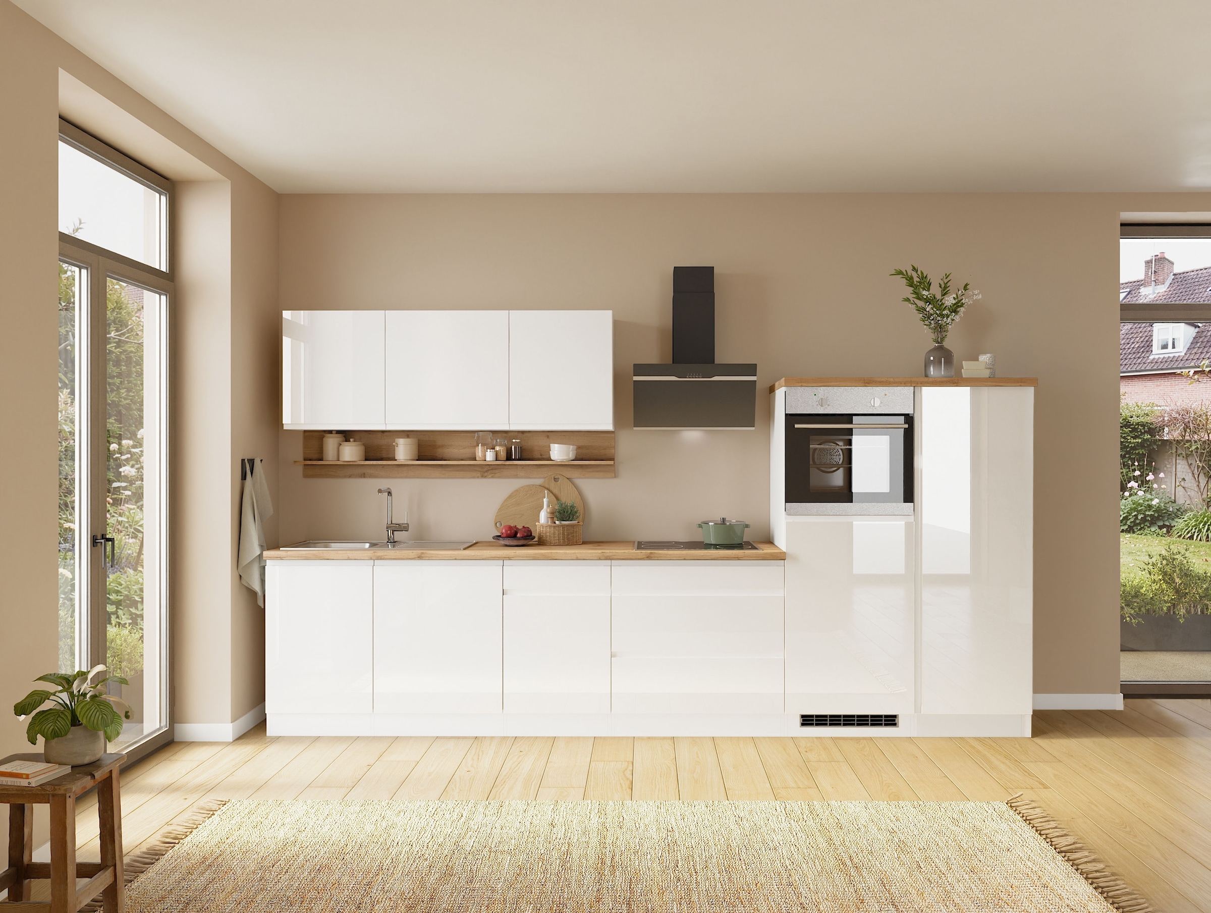 KOCHSTATION »KS-Virginia,neu in verbesserter Ausführung« Arbeitsplatte 38 mm stark, Stauraum, Softclose,  Breite 350 cm, Soft-Close, ohne E-Geräte