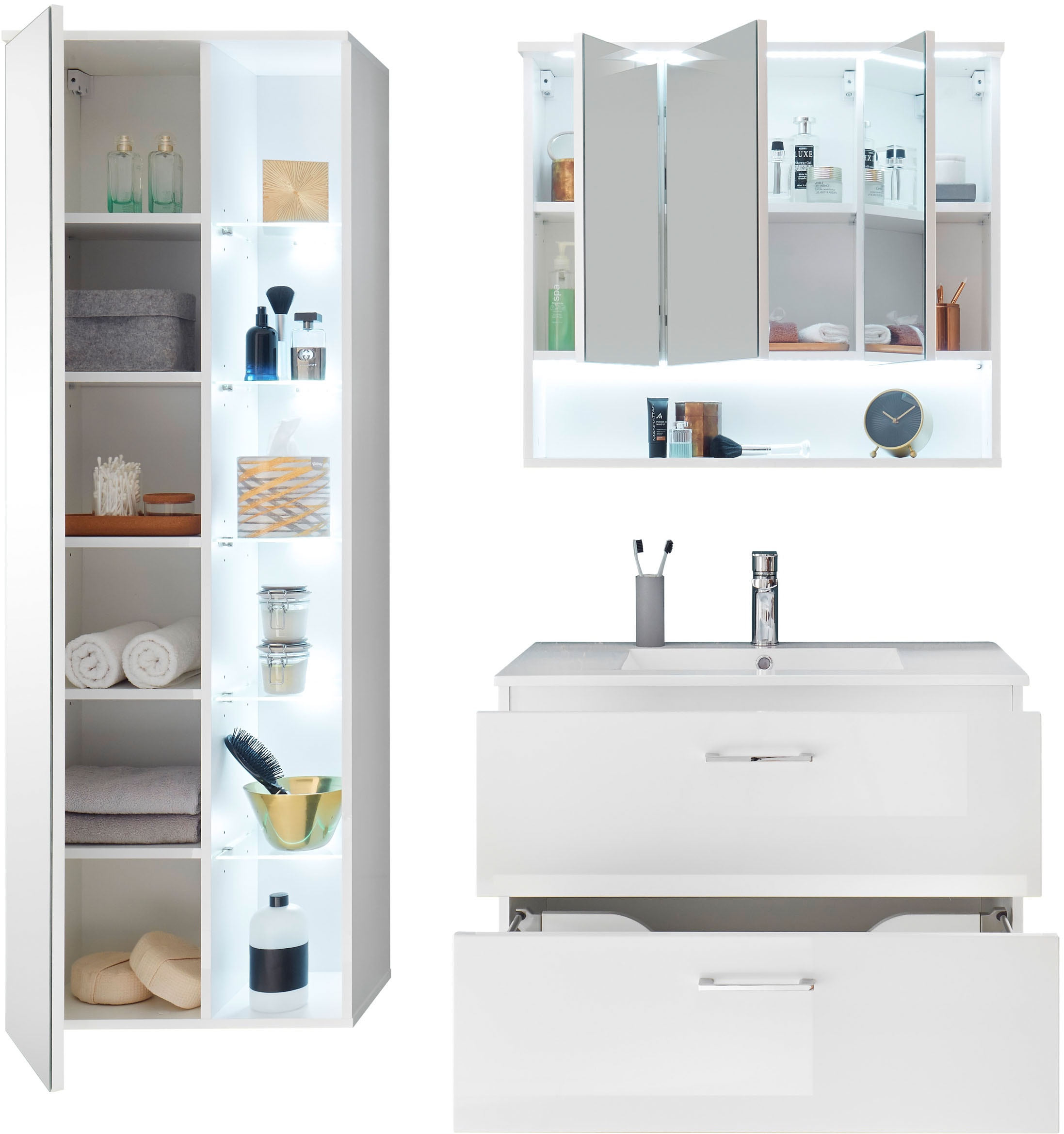BASIC by Balculina Badmöbel-Set »Best80«, (3 St.), Breite 165 cm,Badezimmerset 3-tlg, Softclose
