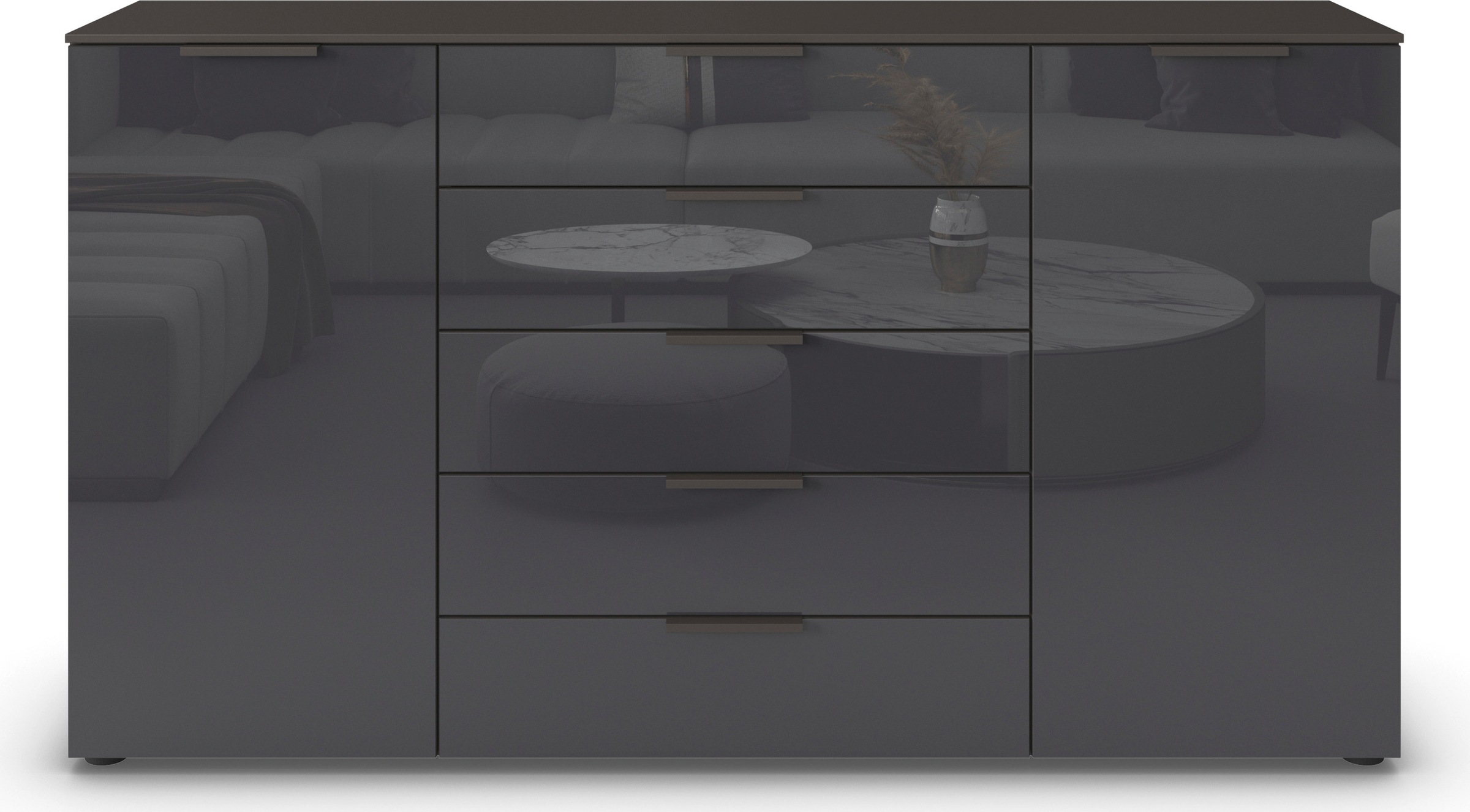 rauch Schubkastenkommode »Kommode Türkommode Sideboard Kombikommode FLIPP mit Glasfront«, (Breite 160/180 cm mit 4 Einlegeböden), 2-trg mit 5 Schubladen und Soft-Close, 2 Breiten MADE IN GERMANY