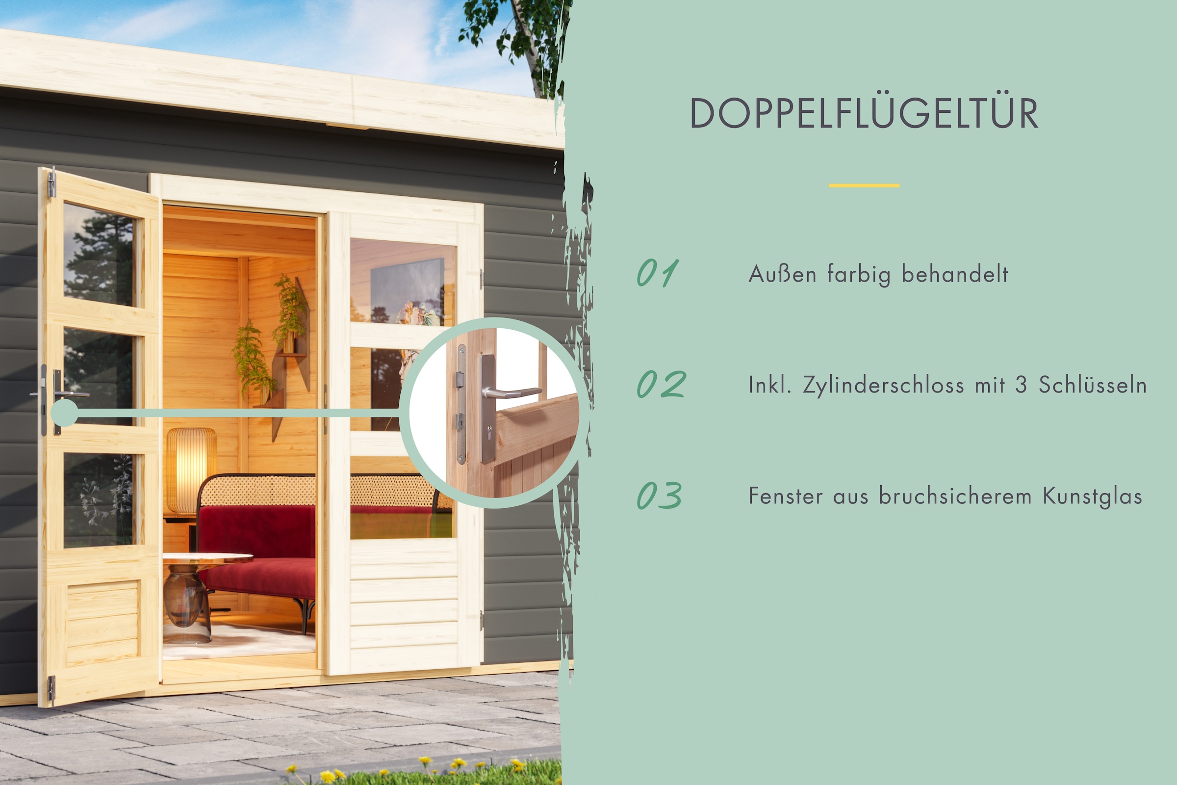 Karibu Gartenhaus »Kolimasee 6«, (Set), mit Anbaudach 3,2 m, terragrau