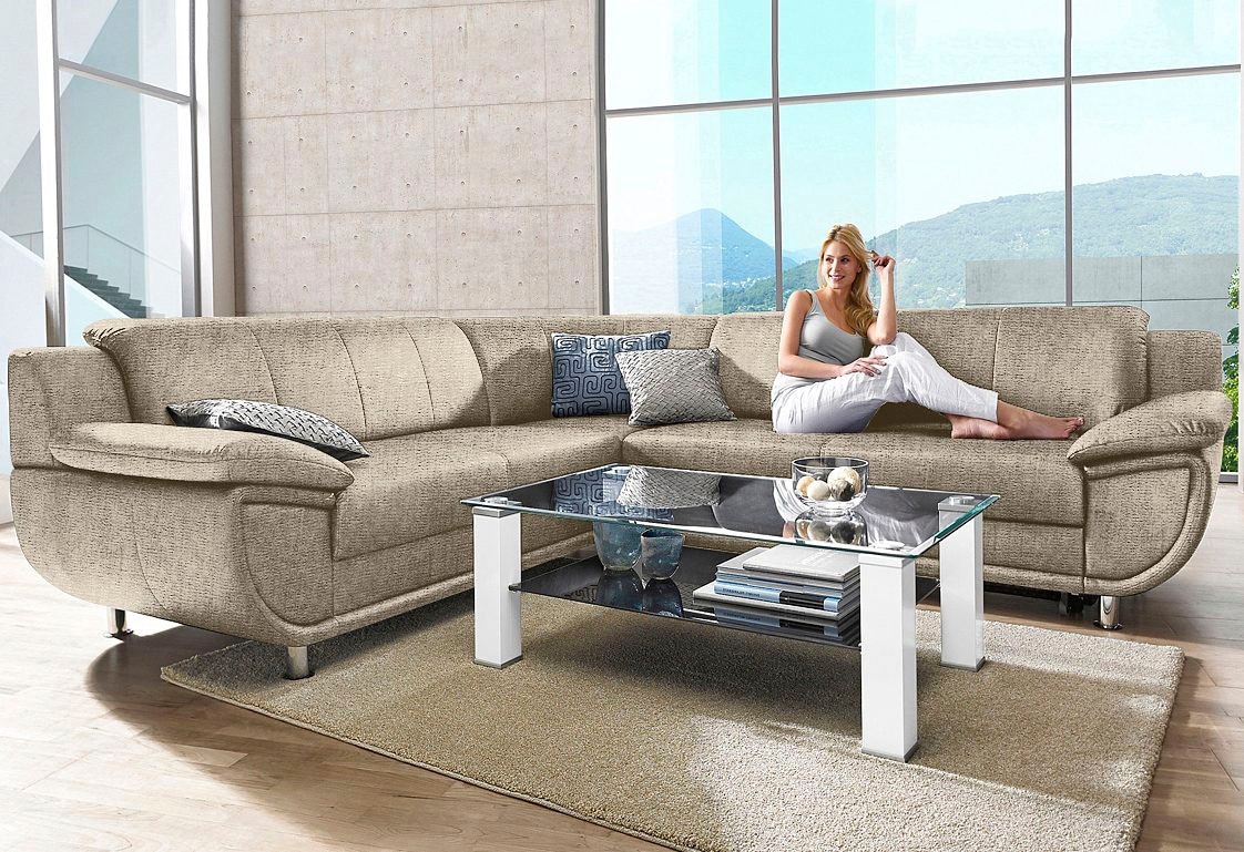 TRENDMANUFAKTUR Ecksofa »Rondo wahlweise mit Schlaffunktion, 267x247 cm (BxT), breite Armlehnen«, L-Form, wahlweise mit Federkern bestellbar, Füße chromfarben