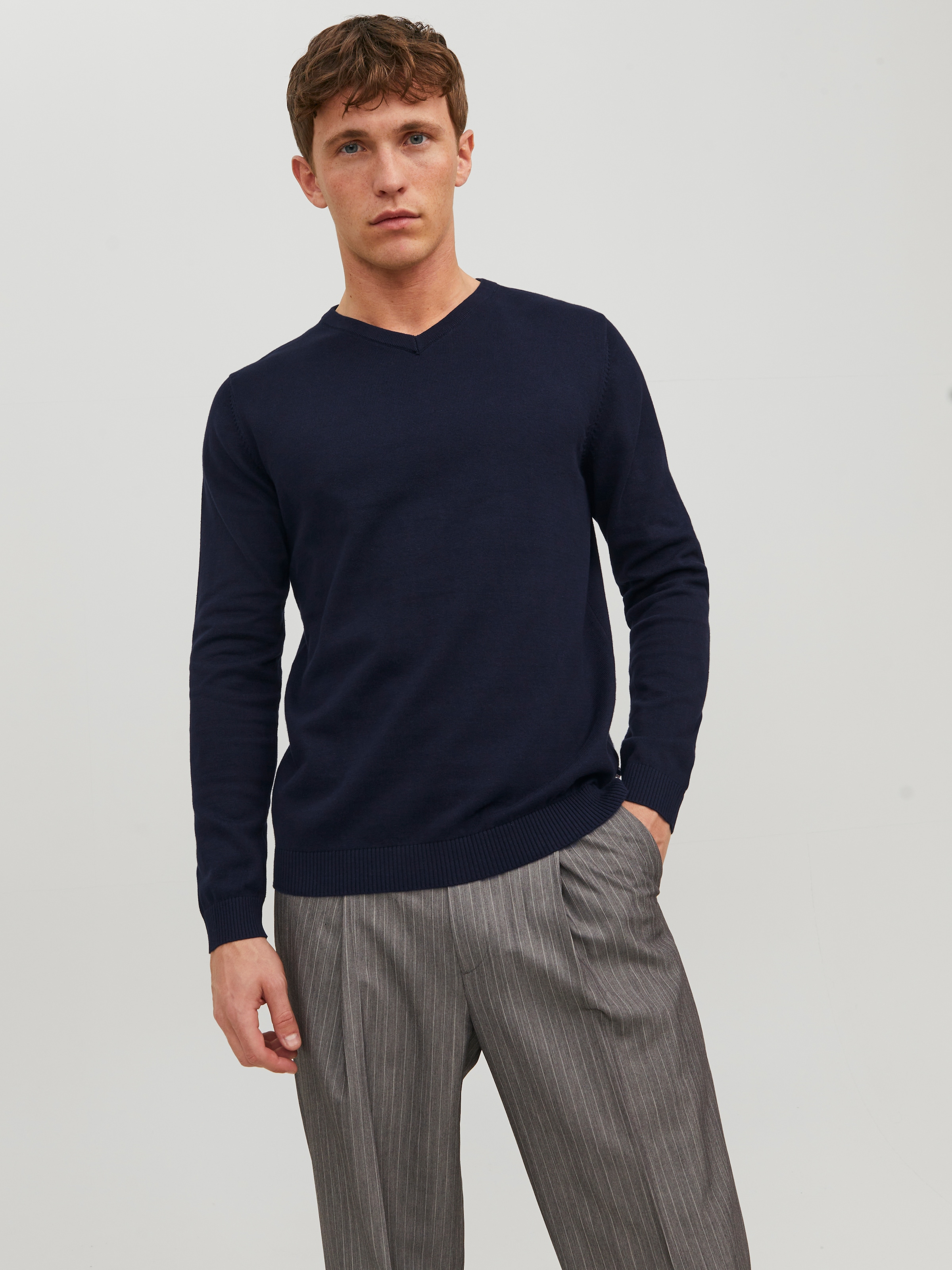 Jack & Jones V-Ausschnitt-Pullover "JJEBASIC KNIT V-NECK NOOS" Baumwolle, normal geschnitten