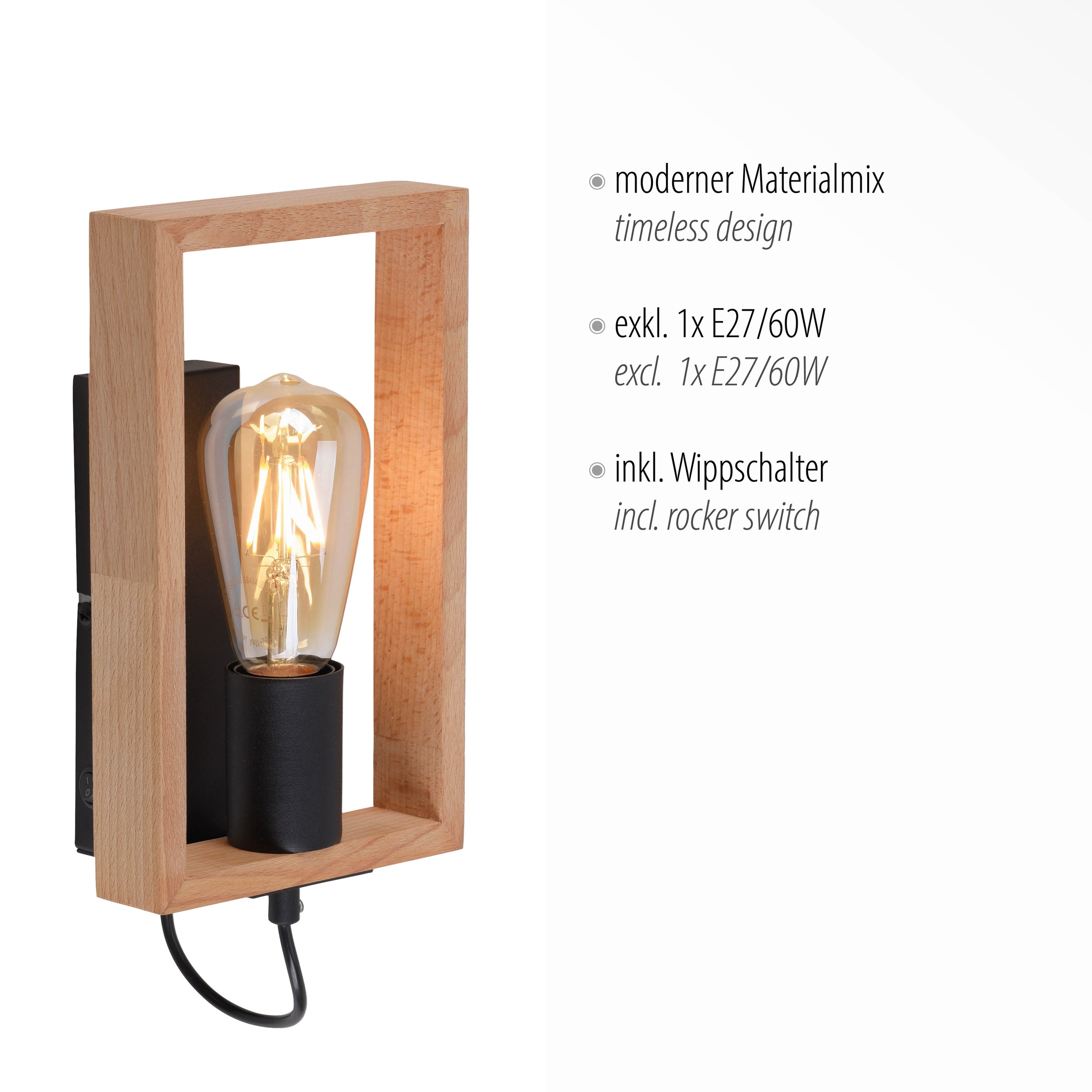 JUST LIGHT Wandleuchte »FRANKY«, 1 flammig, Leuchtmittel E27 | ohne Leuchtmittel, ExklusiveE27, Schalter, Wippschalter