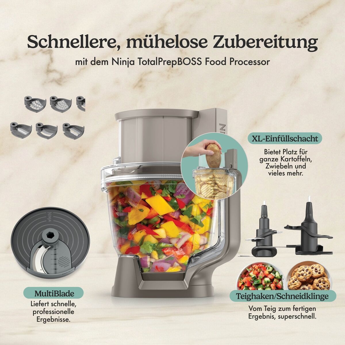NINJA Standmixer »LB401EUWH1 Ninja CrushBOSS 3-in-1-Küchensystem« 1200 W mit Food Processor und Becher – Weiß & Champagne