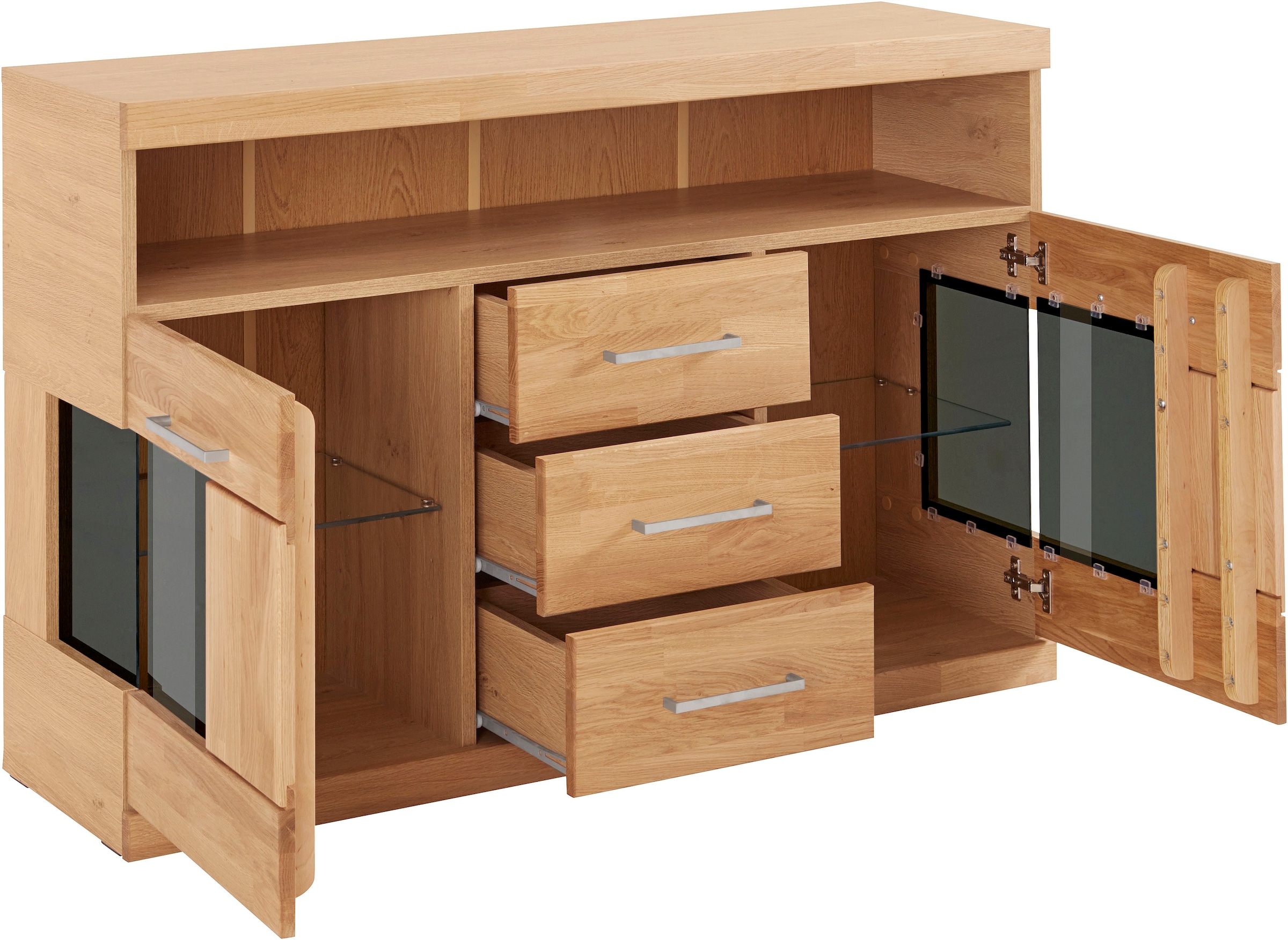 Home affaire Sideboard »Ribe,125cm breit, Fronten Massivholz,5 Fächer,Böden versetzbar«, Korpus Holzwerkstoff,Türen mit Glaseinsatz,3 Schubladen,Metallgriffe
