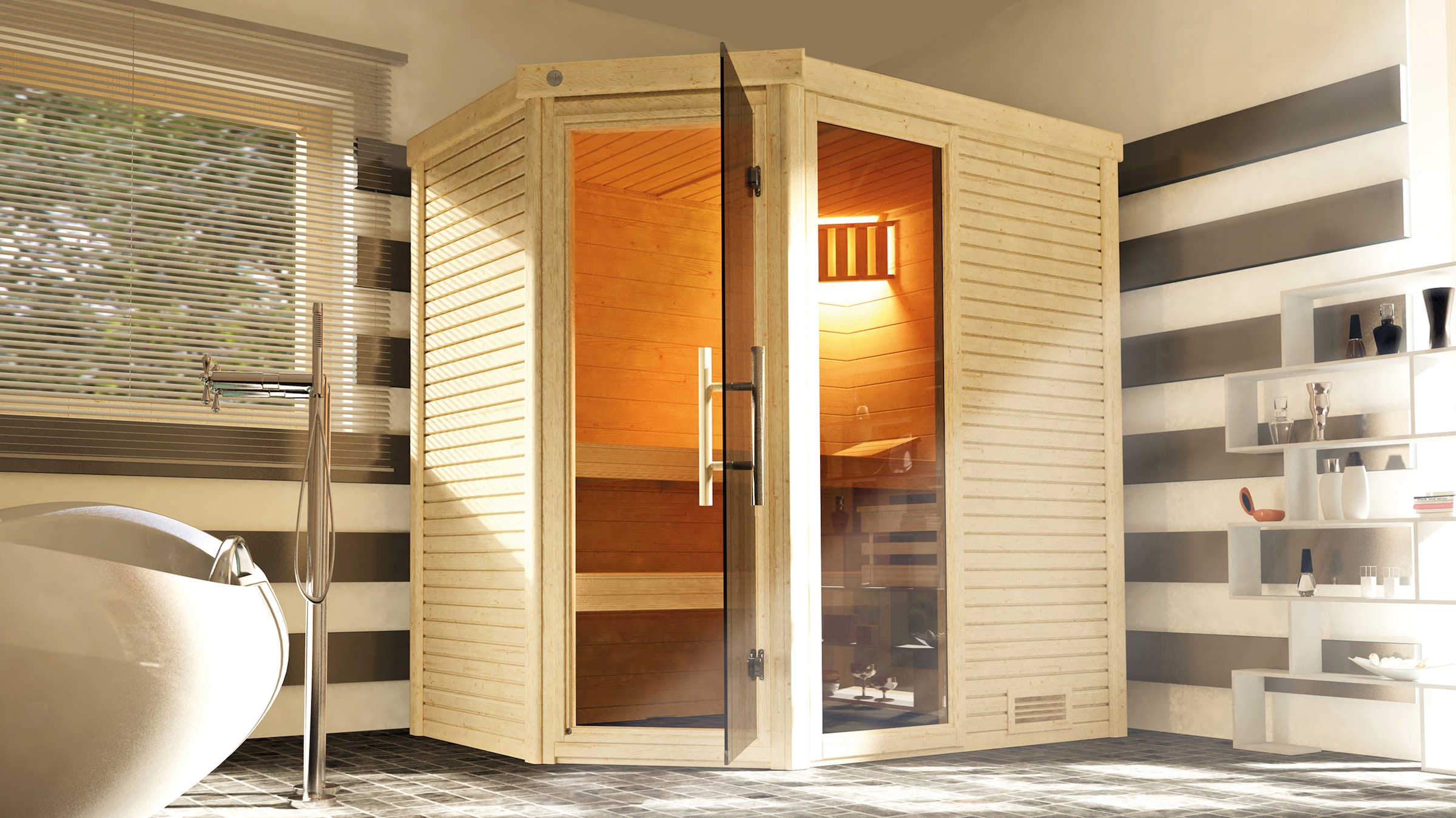 weka Sauna »Massivholzsauna CUBILIS ECK 1«, Blockbohlen im wekaLine-Profil, Fensterelement, Ganzglastür