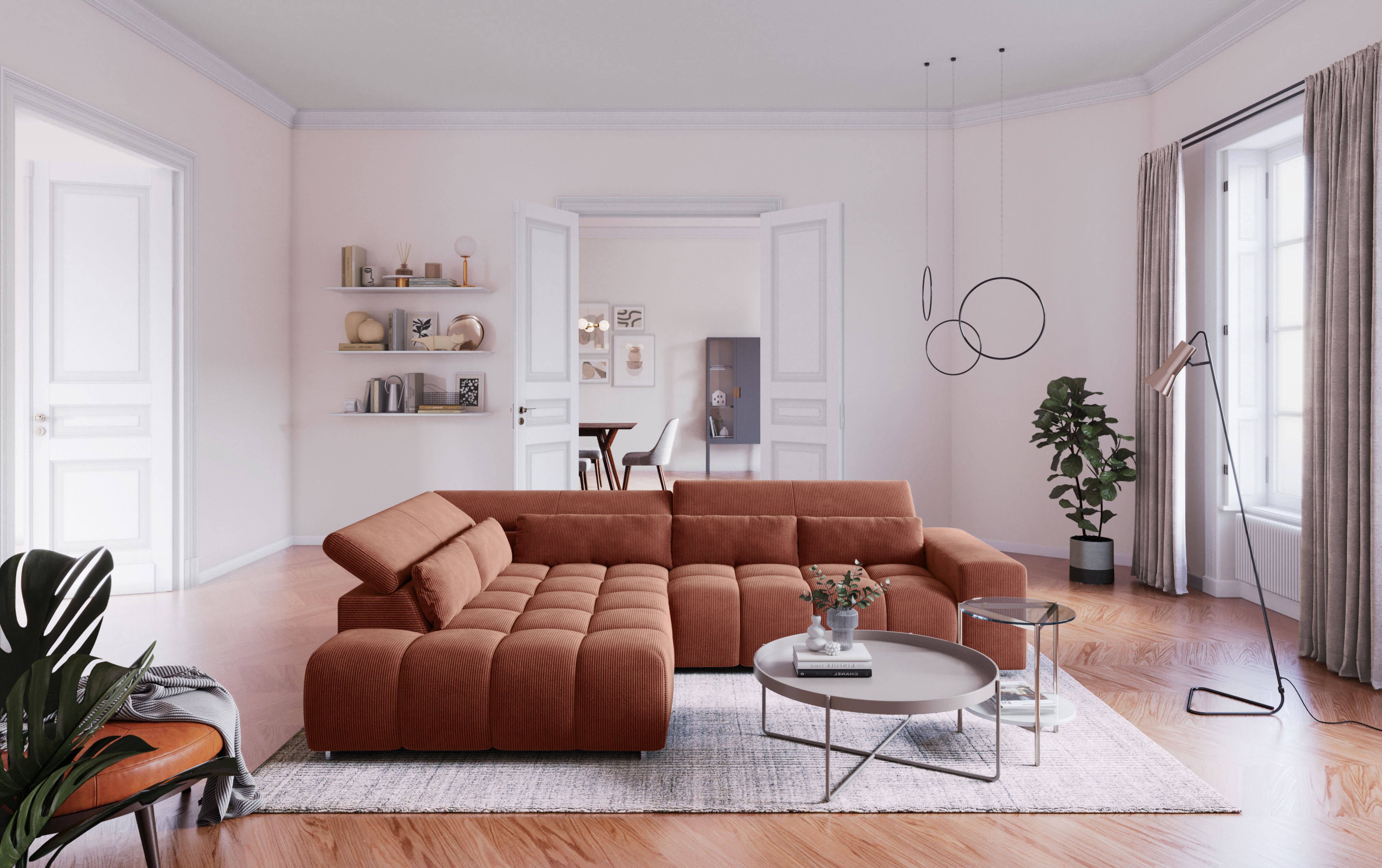 COTTA Ecksofa "Orion L-Form, B: 310 cm, moderne Steppung, bequeme Wellenunterfederung" Kopfteilverstellung & 5 Nierenkissen