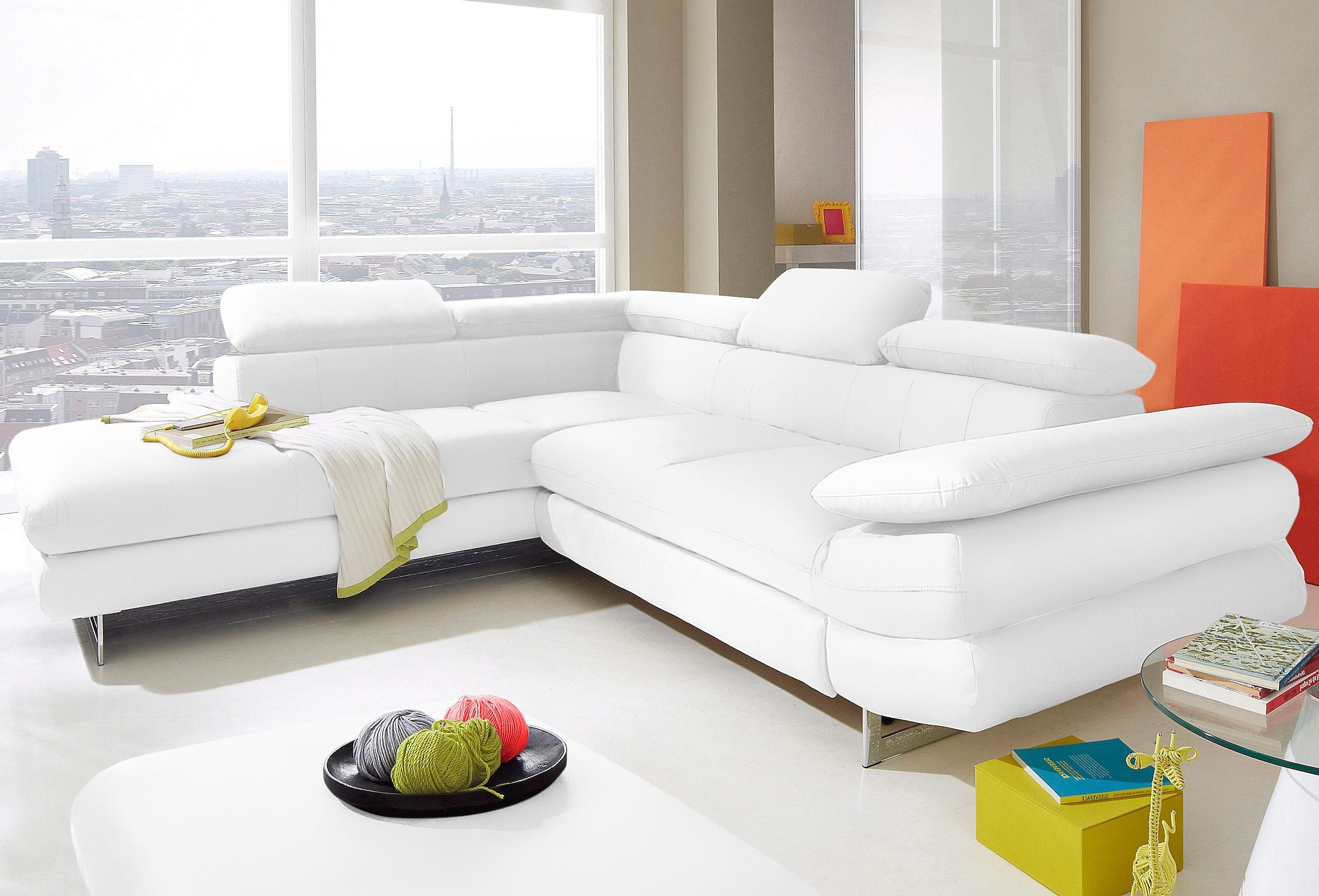 COTTA Ecksofa "Solution L-Form, Design Sofa, bequeme Wellenunterfederung, Design Fuß" mit Arm- & Kopfteilverstellung, wahlweise mit Schlaffunktion