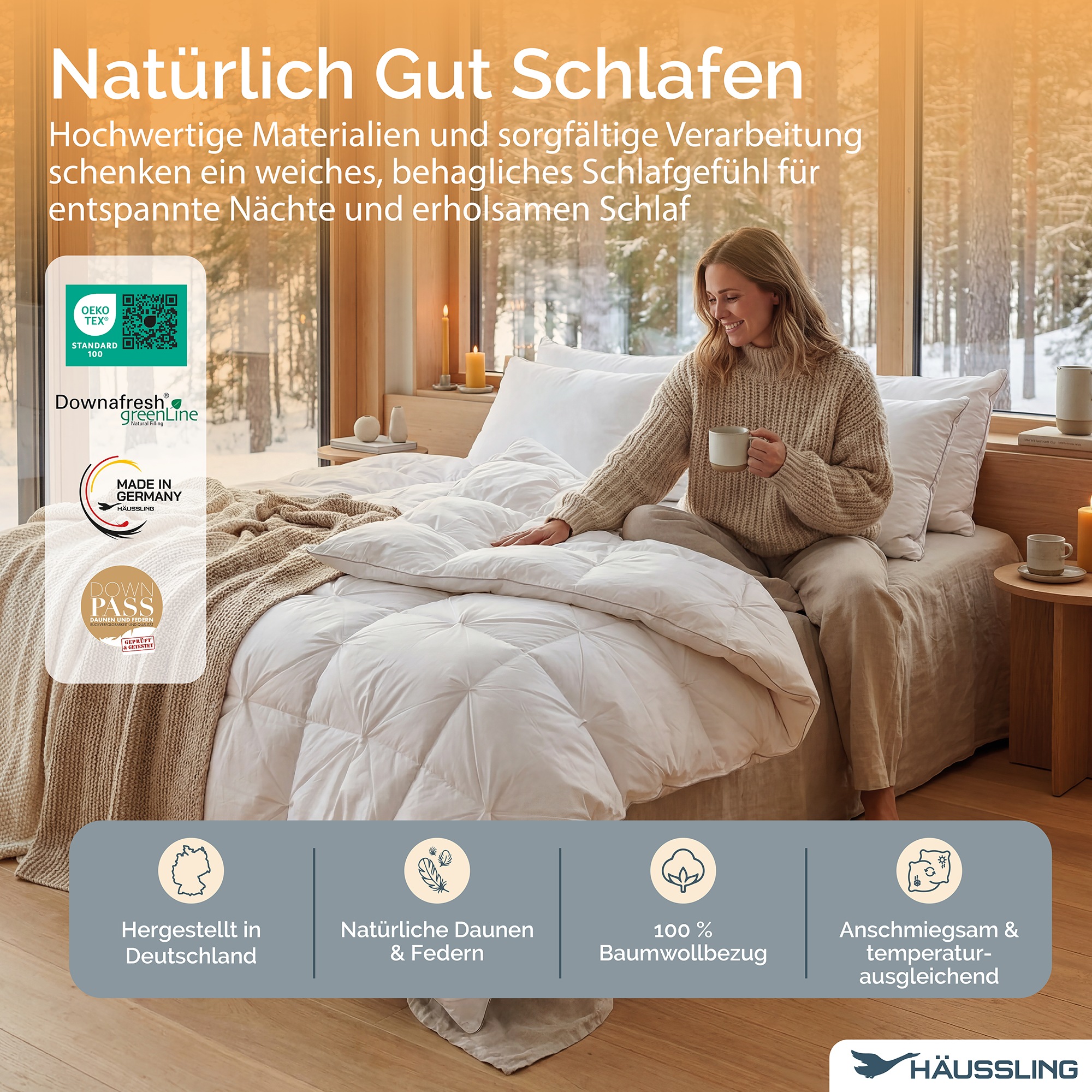 Haeussling Federkopfkissen "Hygge Home, verschiedene Größen, DIN Certco biobasiert >85%" Füllung: Weiße neue Federn und Daunen, Klasse I, 85% Federn 15% Daunen 1 Stk. tlg.