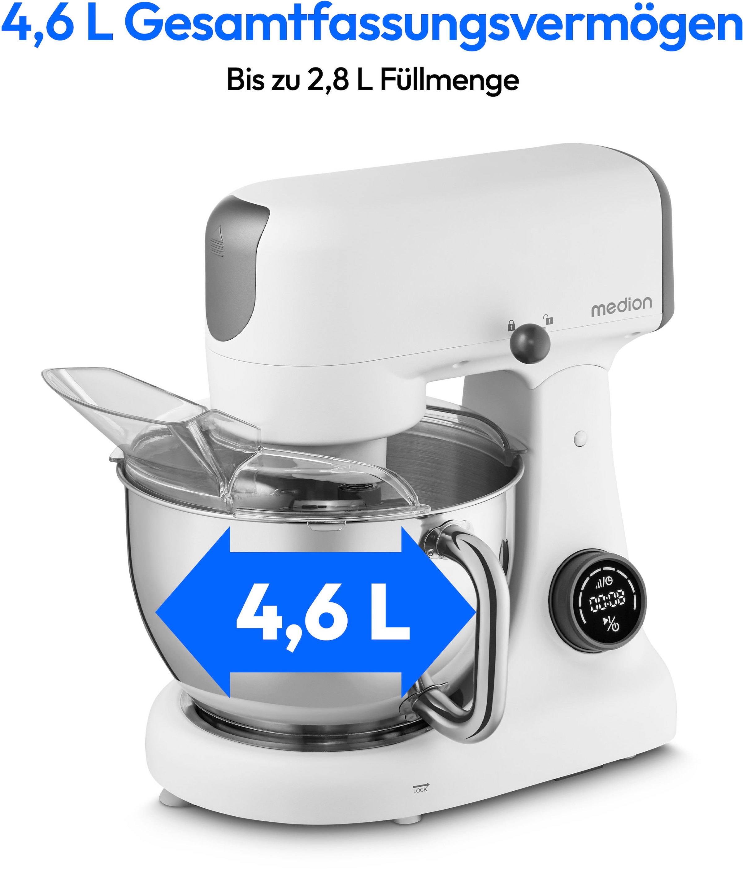 Medion® Küchenmaschine »MD 12600, 8 Geschwindigkeitsstufen, Impulsfunktion, DC-Motor, 4,6 L«, Mit umfangreichem Zubehör-Set, Fleischwolf-Aufsatz, Gemüsereibe