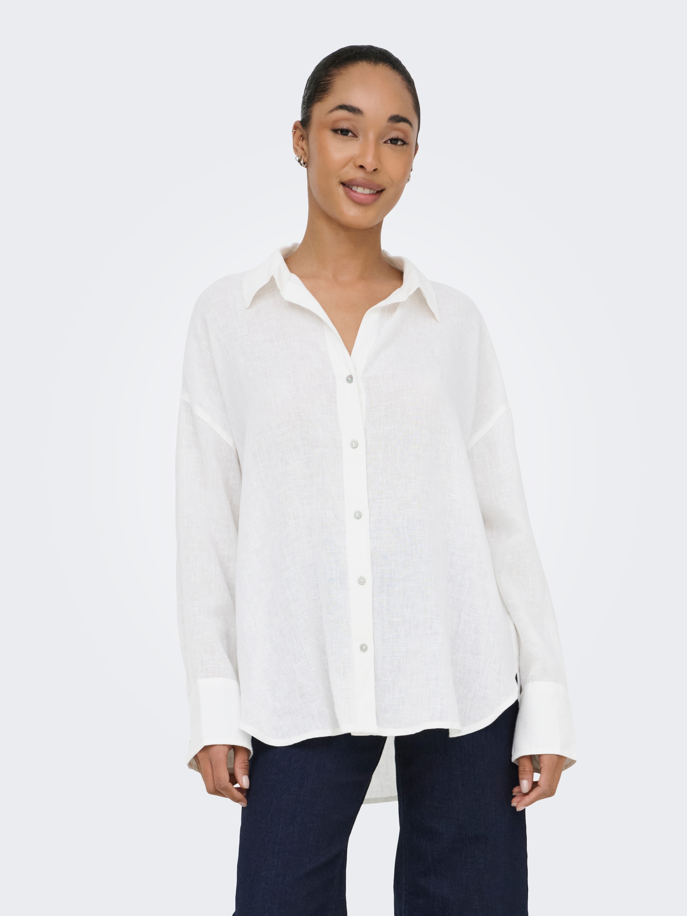 Hemdbluse ONLY "ONLBRUXELLES V- LS LIN BL SHIRT PNT NOOS", Damen, Gr. L, hellweiß, Web, Obermaterial: 55% Leinen, 45% Viskose, unifarben, regular fit Po-bedeckend, Blusen Hemdbluse, mit Leinen