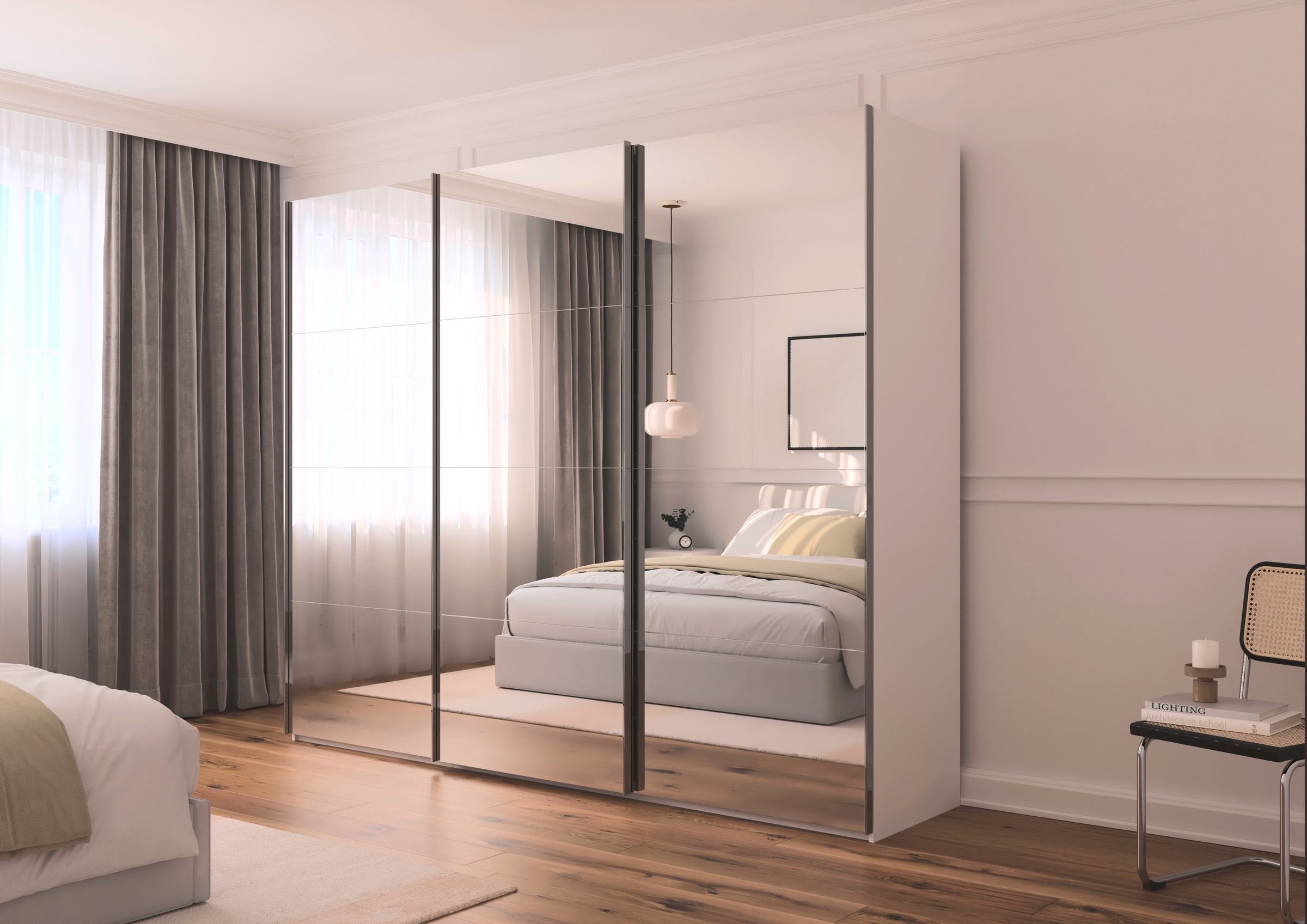 rauch Schwebetürenschrank »Kleiderschrank Schrank Garderobe Schlafzimmerschrank SCALE-FYRA«, edle viergeteilte Türen, Spiegelfront und viele Farben MADE IN GERMANY