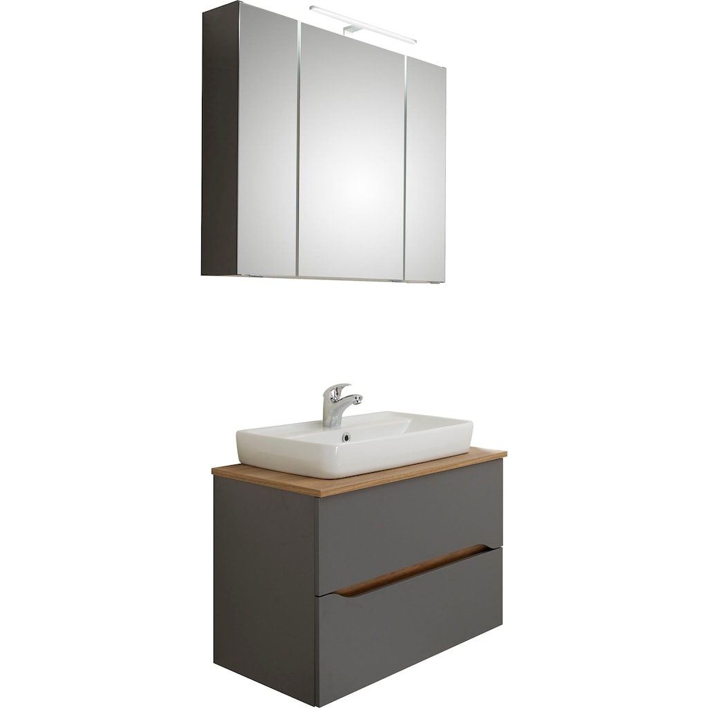 Saphir Badmöbel-Set »Quickset 2-teilig, Keramik-Aufsatzbecken mit LED-Spiegelschrank«, (2 St.), 80 cm breit, 2 Schubladen, 3 Spiegeltüren, 6 Einlegeböden