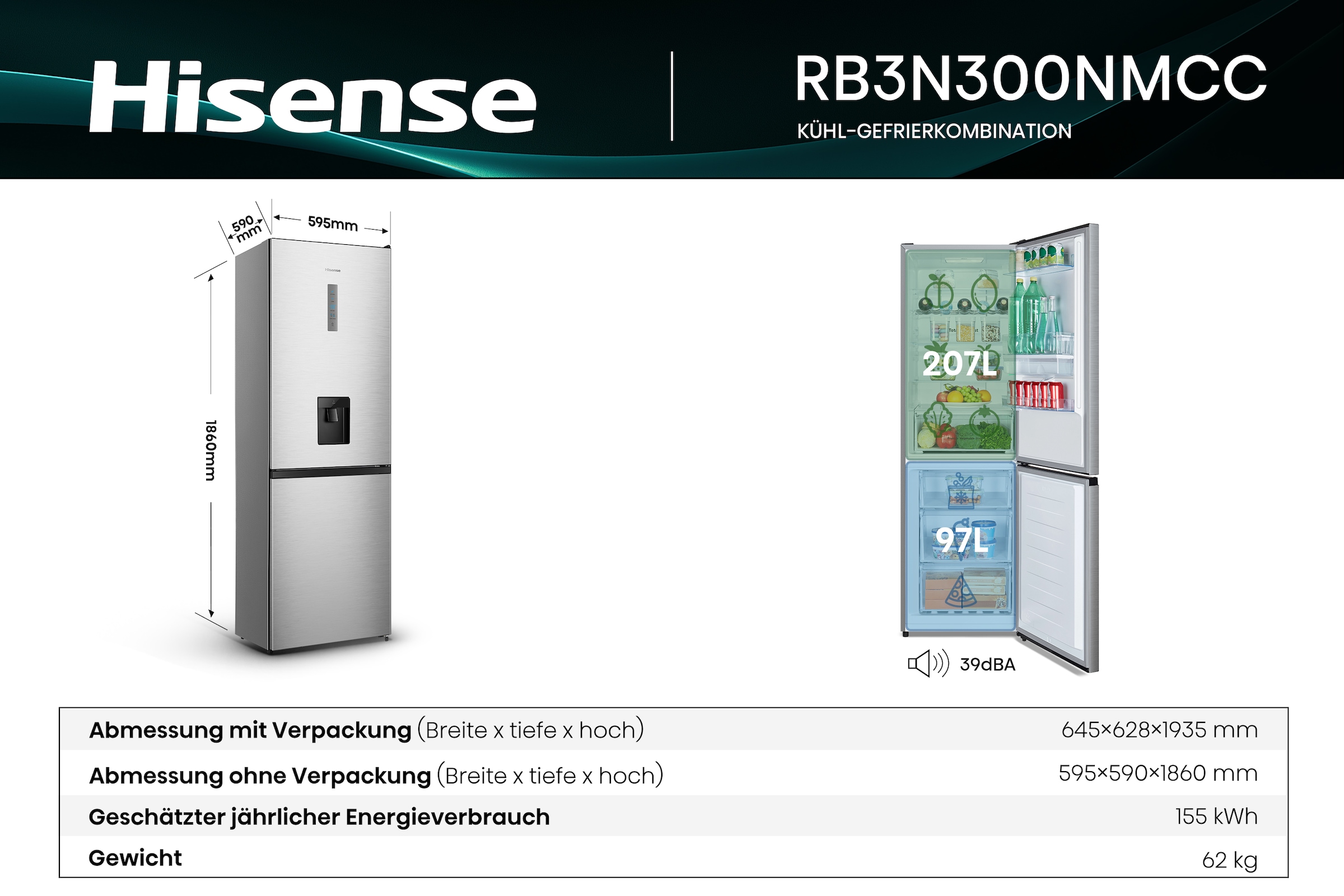 Hisense Kühl-/Gefrierkombination »RB3N300NMCC«, Wasserspender mit Tank