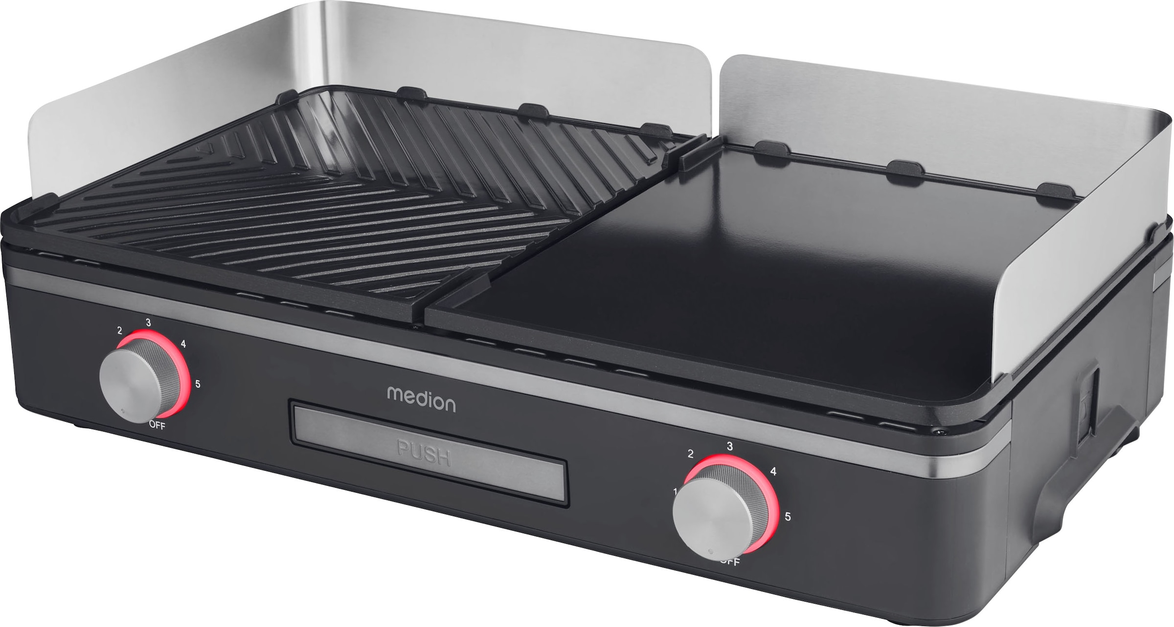 Medion® Tischgrill »MD12027, mit Dual-Zonen-System, 2,400 Watt, 2 abnehmbare Platten«, 2400 W, bis max. 240 °C, PFAS Frei, LED-Statusanzeige, IPX4-Schutz