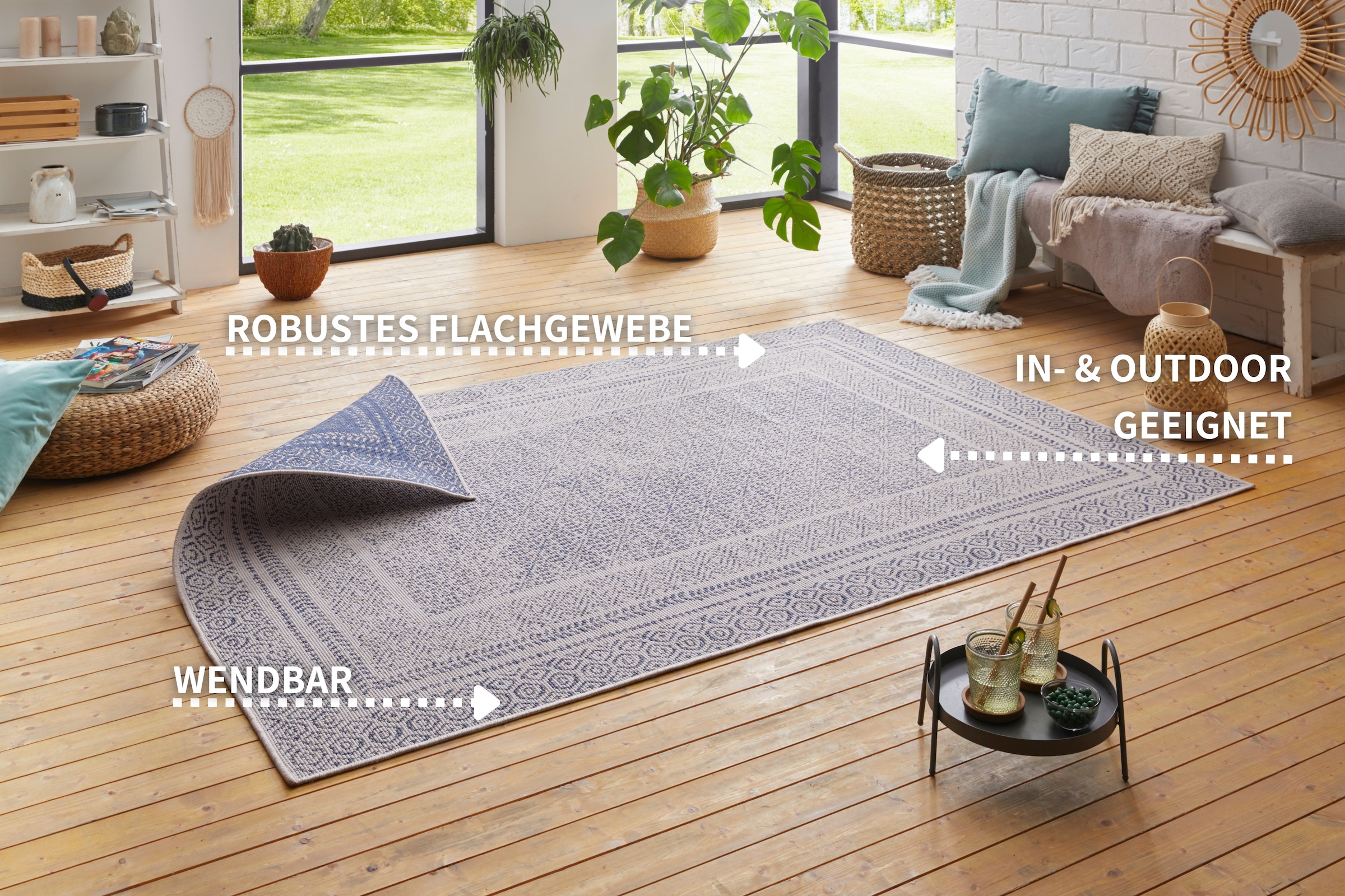 my home Teppich »Bernard Wendeteppich«, rechteckig, 5 mm Höhe, auch als Läufer, Robust, Pflegeleicht, Flachgewebe, In- und Outdoor