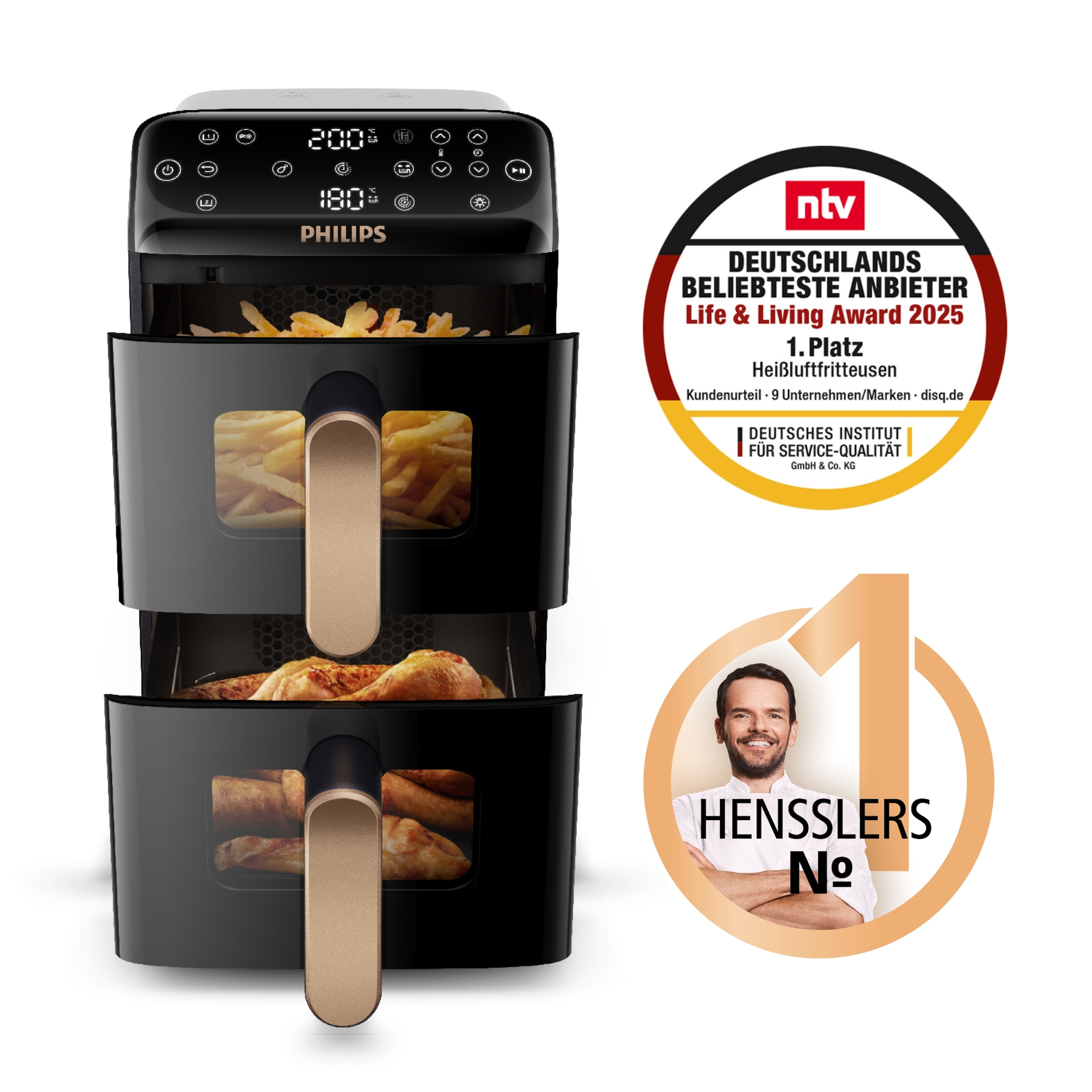 Philips Heißluftfritteuse »NA462/70 4000 Series Stacked Dual Basket und 10L Kapazität (5+5L)« 2750 W Fassungsvermögen 0 l RapidAir Technologie; Schwarz/Dunkelgrau, kupfer Griff