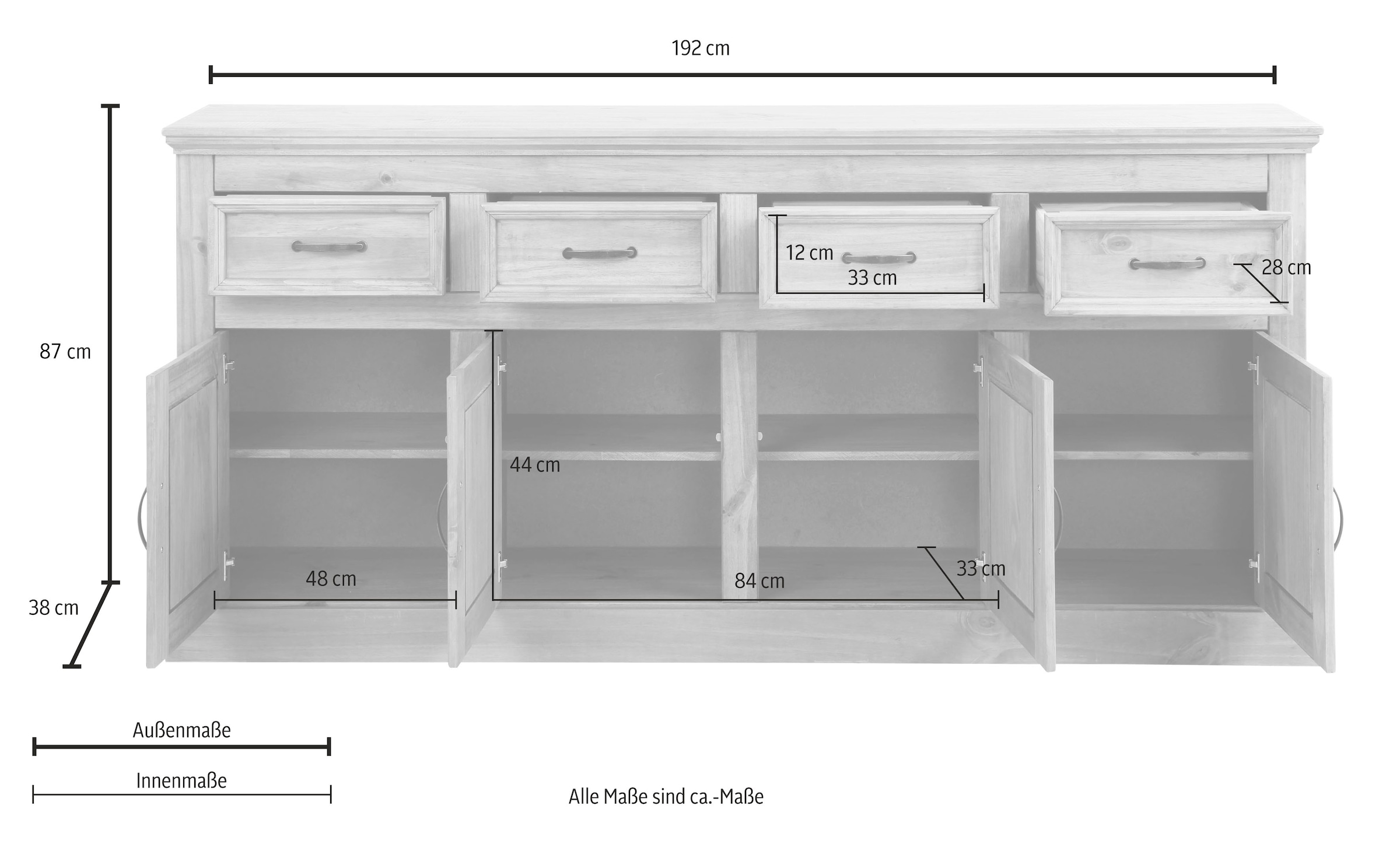 Home affaire Sideboard »Selma«, Kommode mit 4 Türen und 4 Schubkästen. Breite 192 cm
