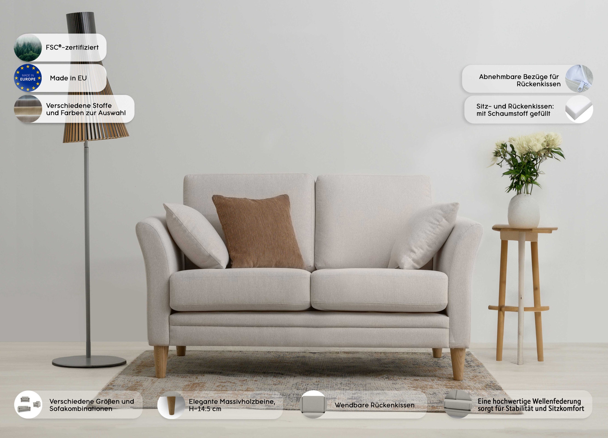 Home affaire 2-Sitzer »Arellano, Breite 155 cm«, klassisches Design, 2 Zierkissen inklusive, Webstoff fein