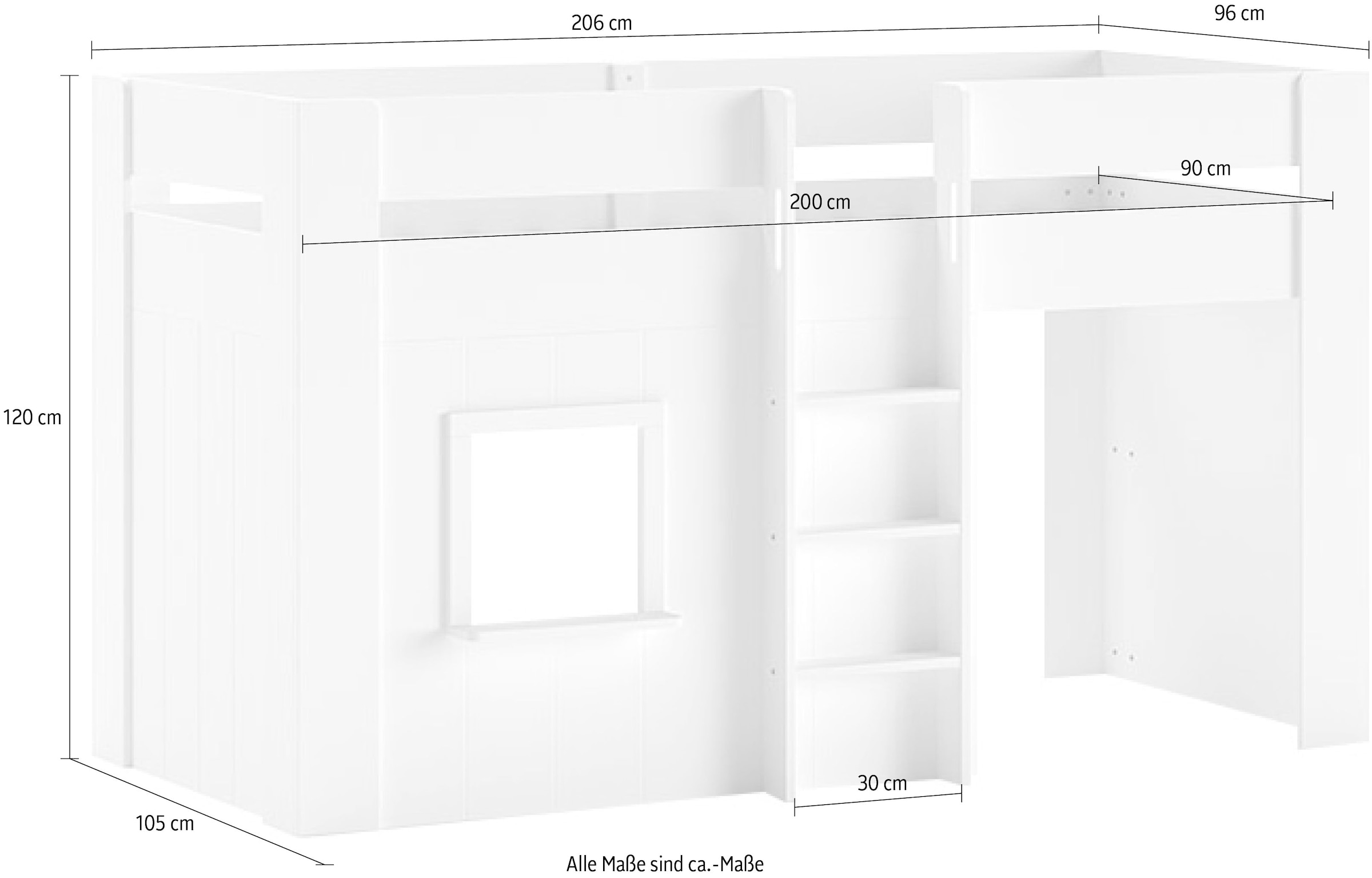 Vipack Hochbett »Reno«, (Made in Europe), in Hüttenoptik, LF 90x200 cm, m. LR, weiß lackiert