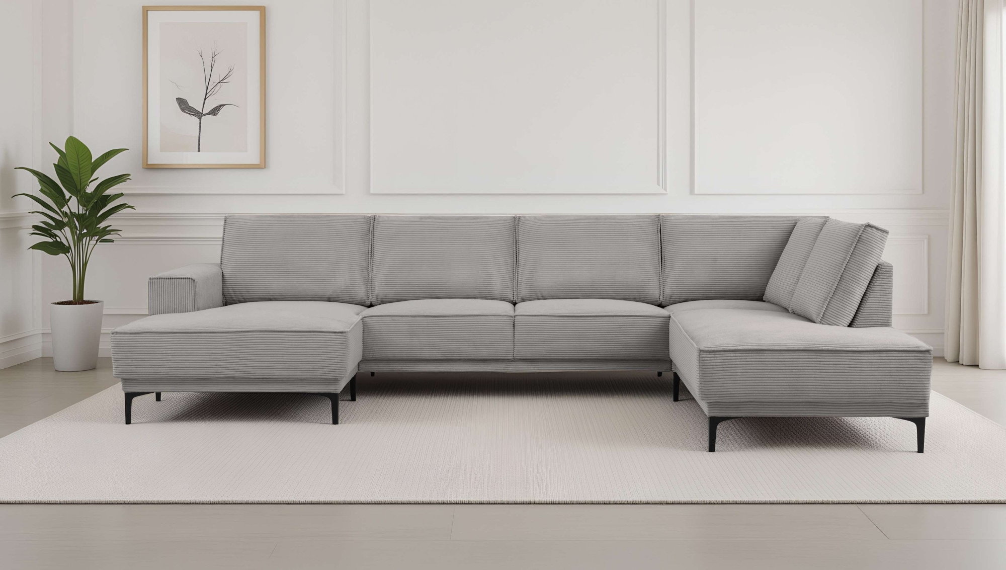 OTTO home Wohnlandschaft "OLAND Cord U-Form, XXL, B: 345 cm, Skandi-Design" U-Form, 345 cm, Wellenunterfederung, Skandi-Design, Metallfüße