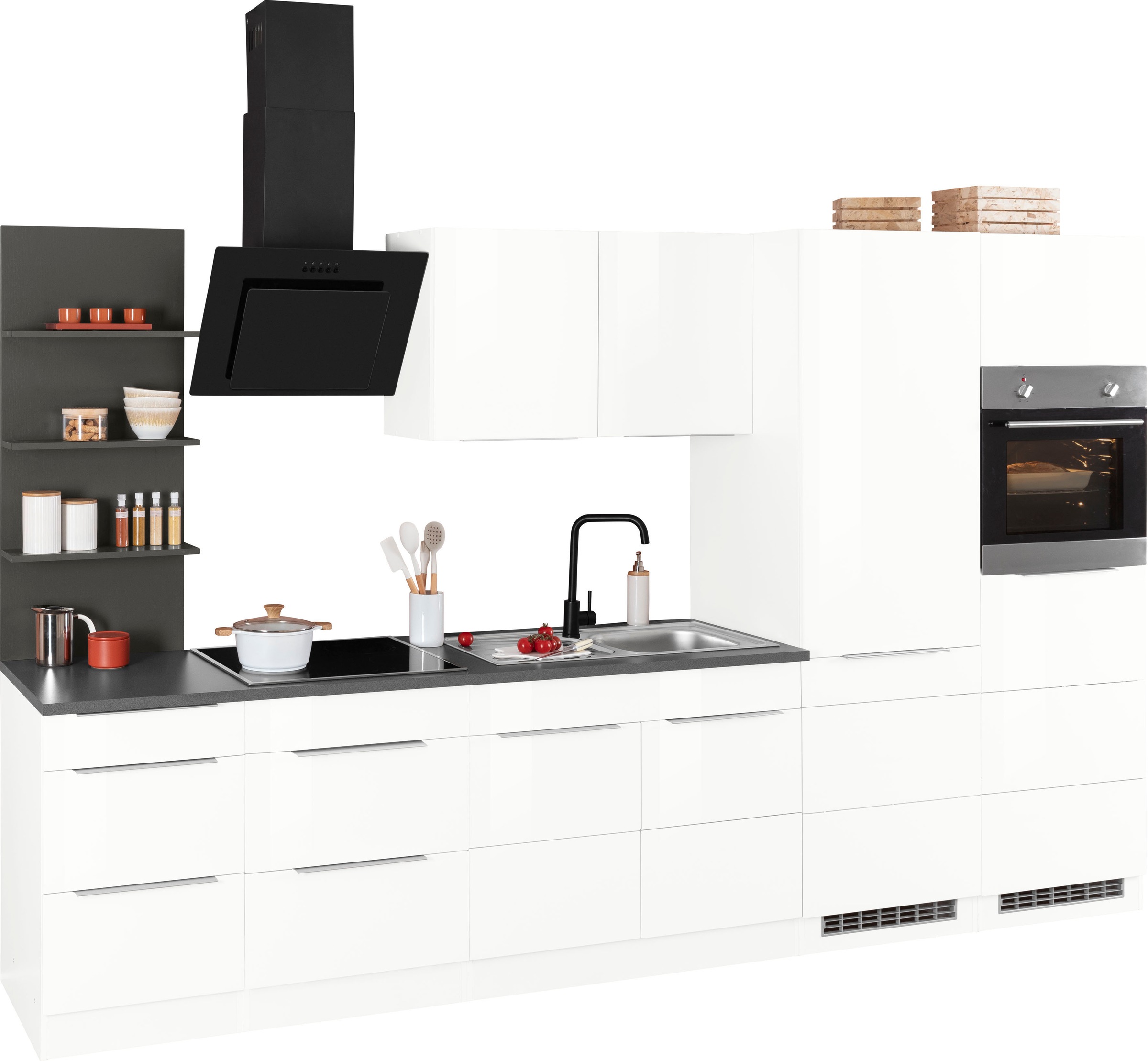KOCHSTATION Küchenzeile »KS-Brindisi Breite 330 cm« wahlweise mit E-Geräten und Induktion, mit MDF-Fronten und Regal
