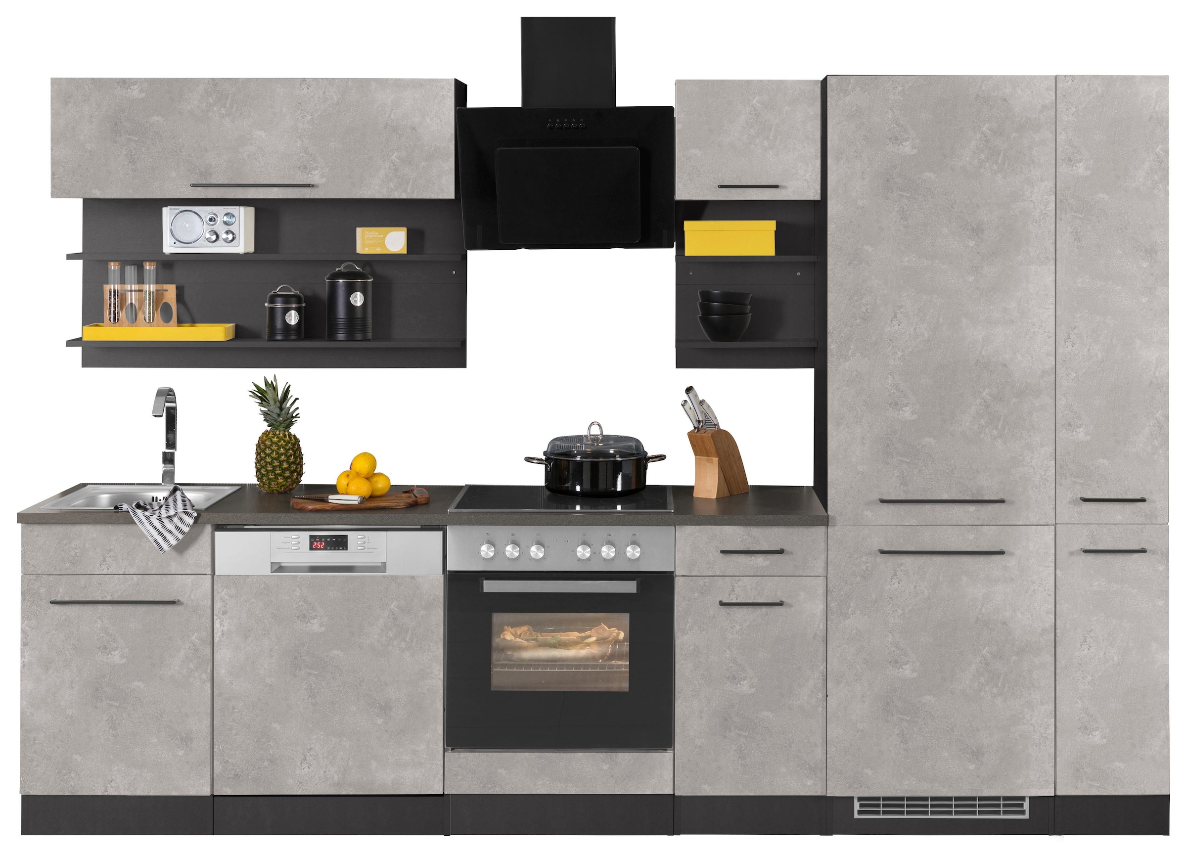 KOCHSTATION Küchenzeile »KS-Tulsa«, ohne E-Geräte, Breite 300 cm, schwarze Metallgriffe, MDF Fronten