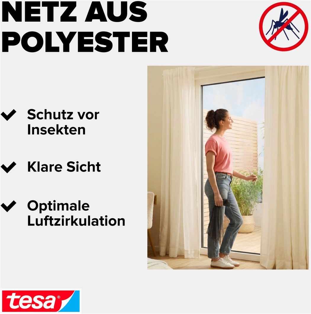 tesa Fliegengitter-Gewebe »Premium für Fenster, Insektenschutz mit Klettband - 120 x 240 cm« Packung, Fliegennetz, Klettband, Andrück und Schneidehilfe, 1 Stk. tlg. Mückenschutz mit starkem Klettband, rückstandsfrei entfernbar