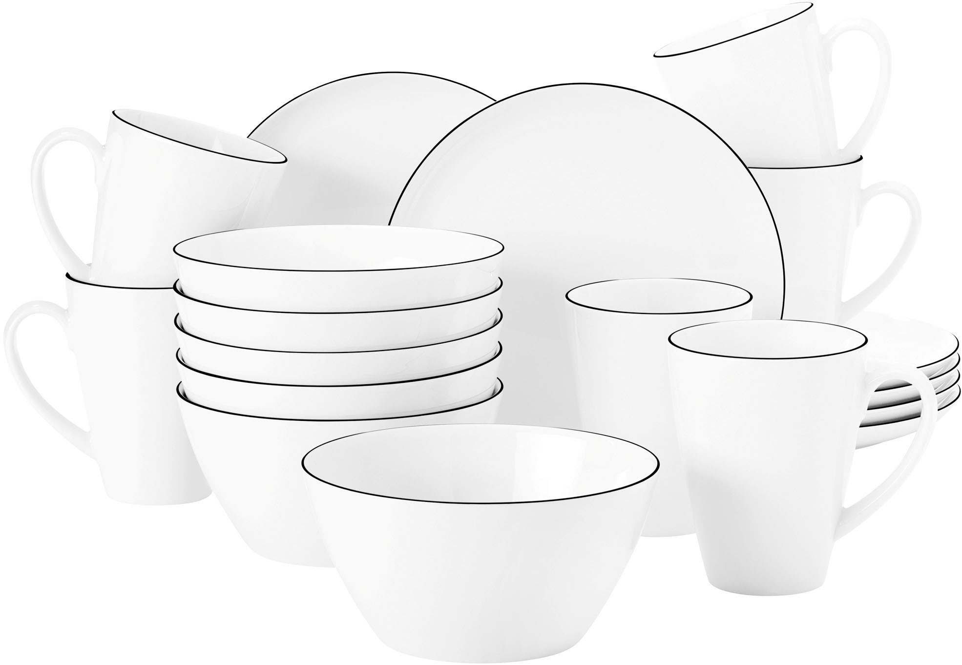 SELTMANN WEIDEN Frühstücks-Geschirrset "Geschirr-Set, 18 Teile, Lido Black Line, rund", 18 Stk., schwarz-weiß, Geschirr-Sets, Becher, Teller,