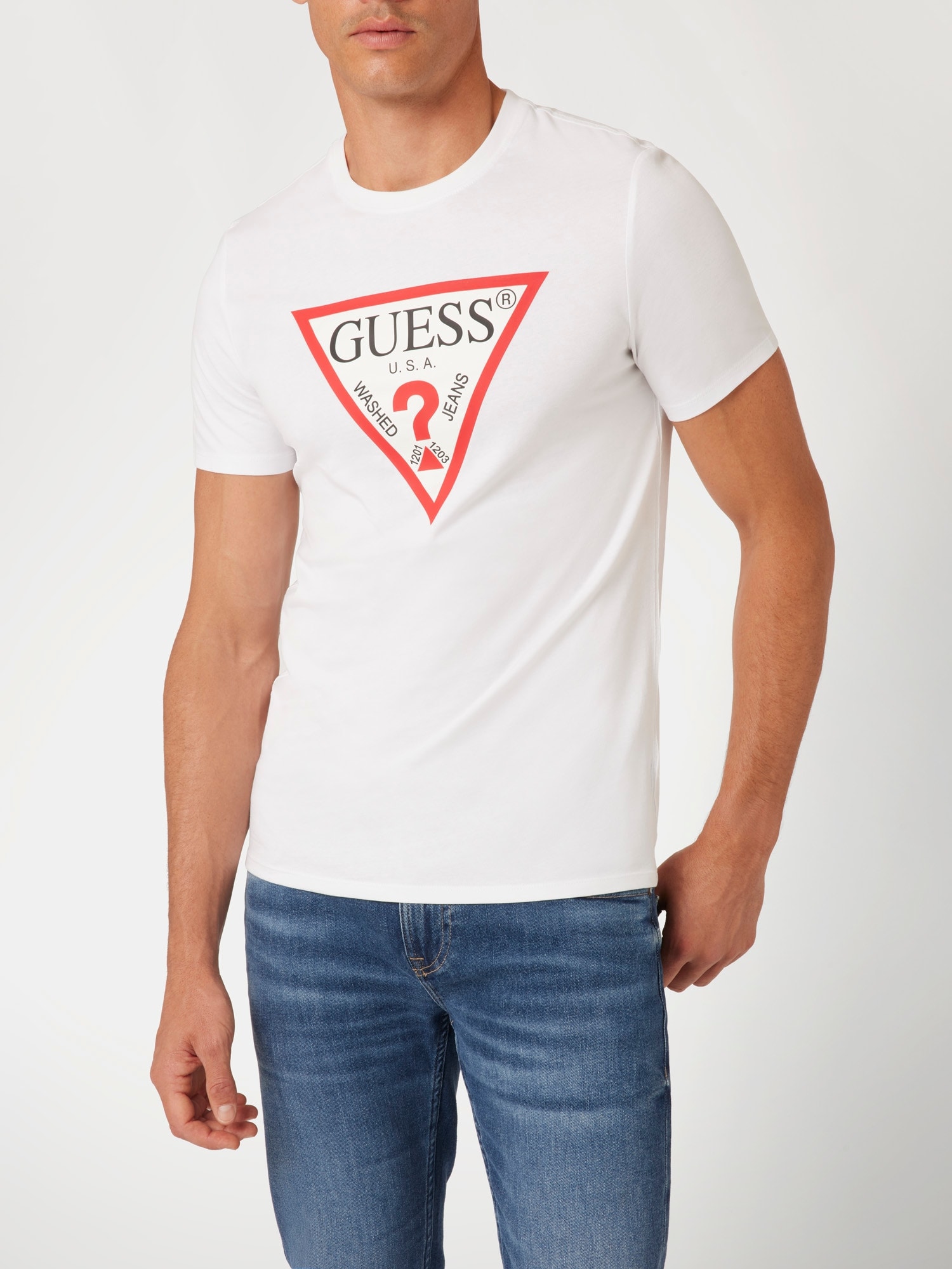 Guess T-Shirt »ORIGINAL LOGO« Rundhalsausschnitt, Slim Fit, reine Baumwolle