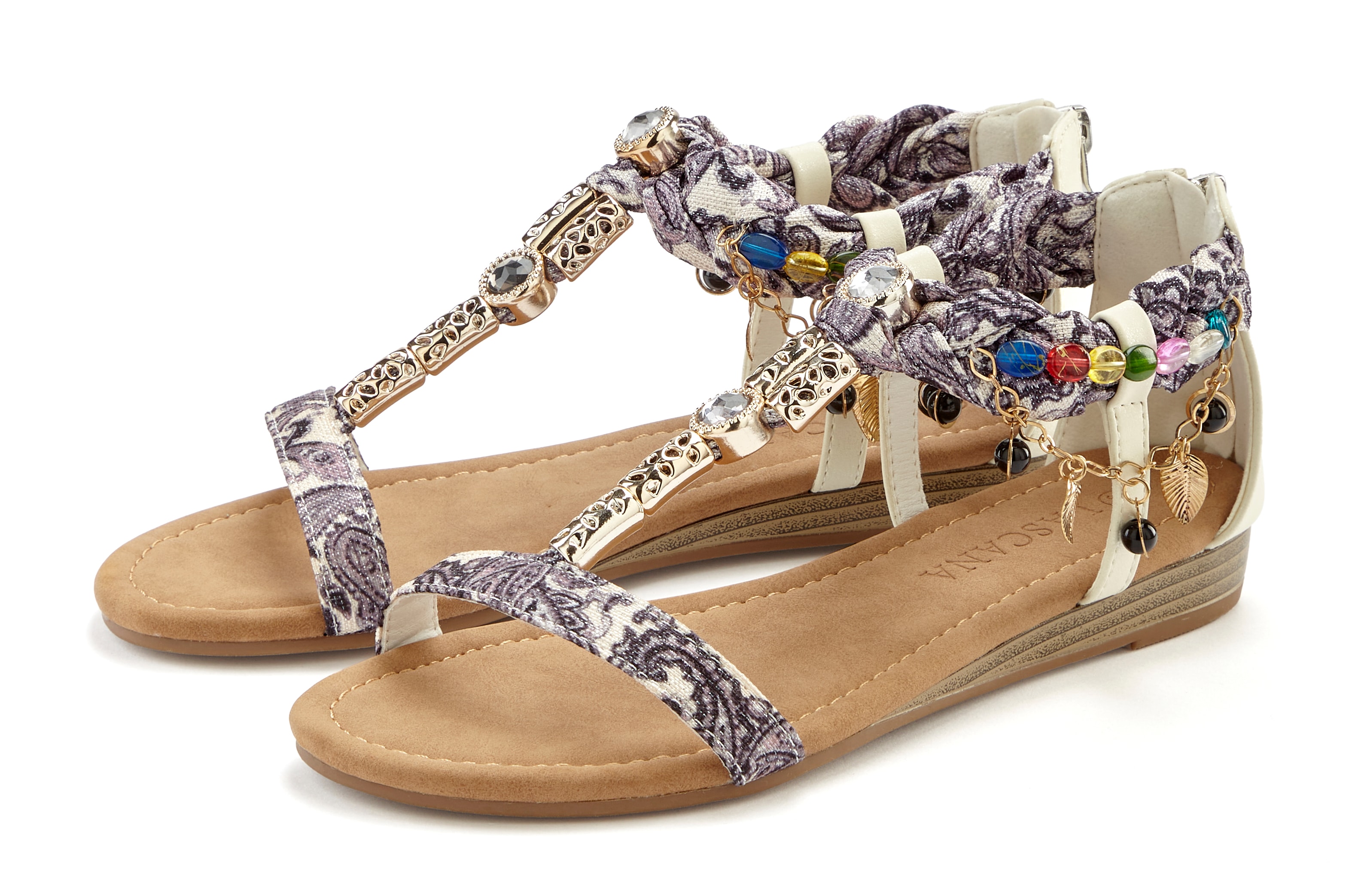 LASCANA Sandale "Sommerschuh, Sandalette, offener Schuh," mit Schmuckkettchen und Schmucksteinen im Festival-Look VEGAN
