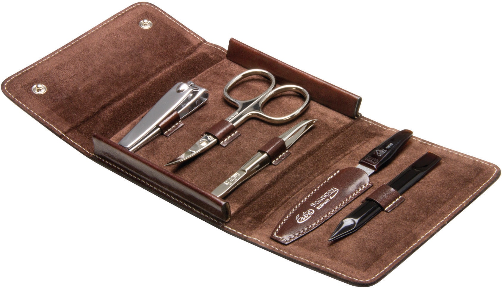 ERBE Maniküre-Etui "Houston", B/H/T: 105mm x 90mm x 25mm 5 Stk., braun, B:105mm H:90mm T:25mm, Nageletuis, Hochwertiges Etui mit eleganten