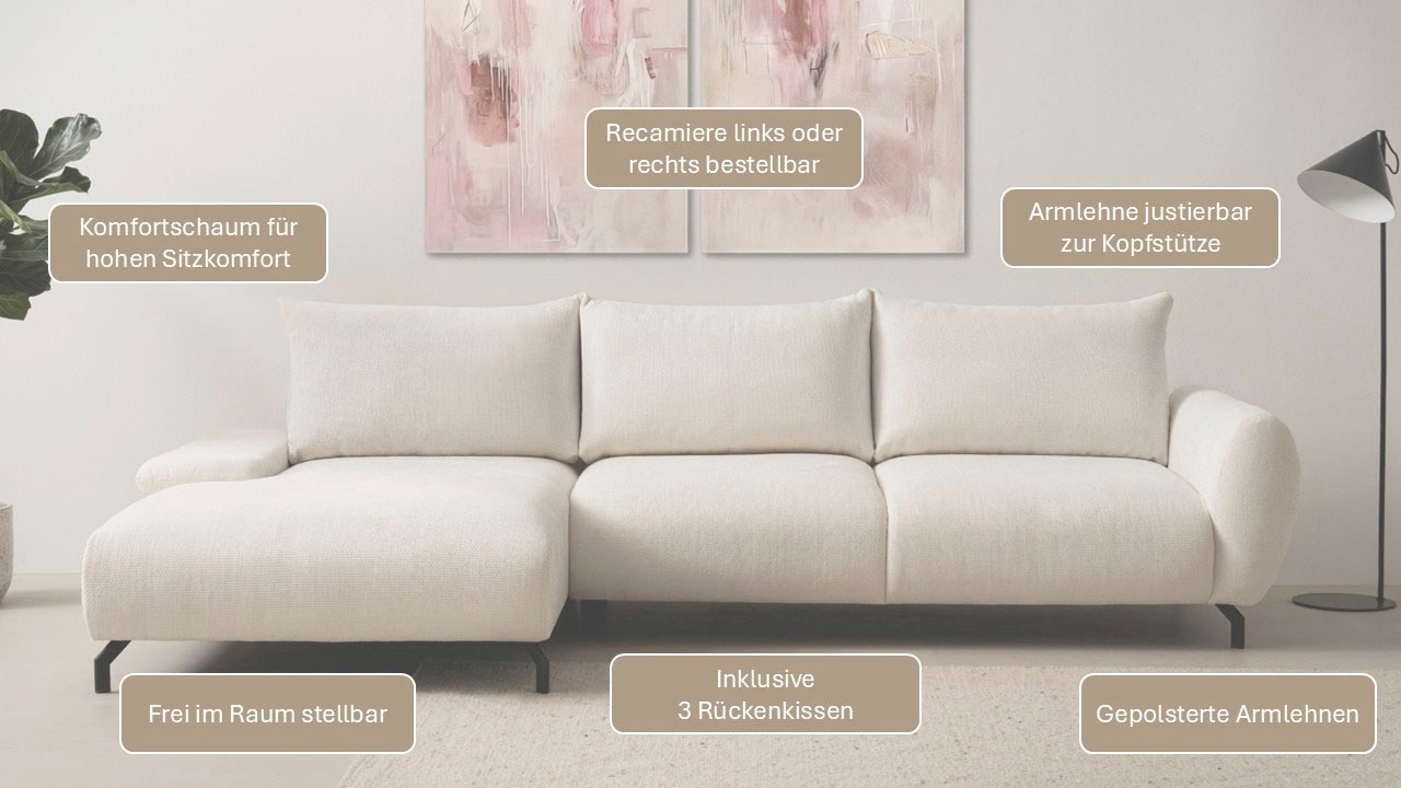 OTTO home Ecksofa »KELLIE, L-Form, 315 cm, verstellbare Armlehne, Metallfüße,« wahlweise Recamiere links o. rechts, Chenille-Stoff, hoher Sitzkomfort