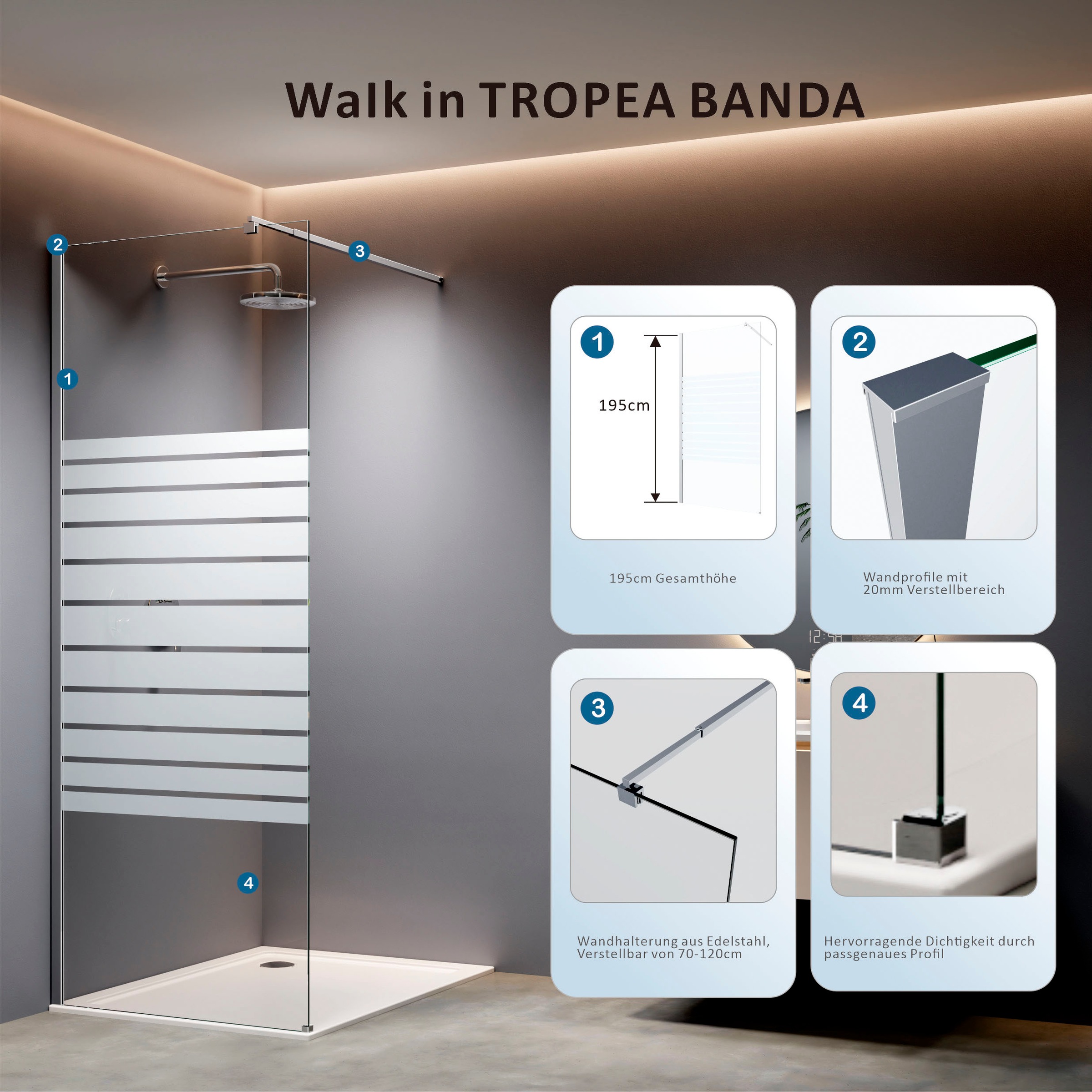 welltime Walk-in-Dusche "Tropea Banda" 8mm Starke Scheibe mit Streifendekor