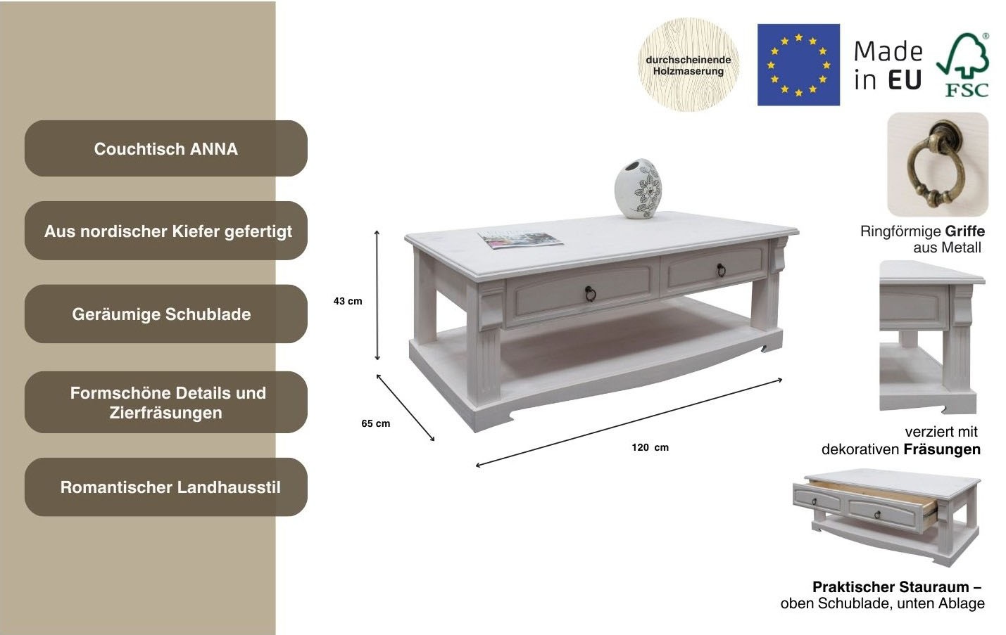 Thumbnail - OTTO home Couchtisch "Anna" Gesamtmaße (B/T/H): ca. 120/65/43 cm, Kaffeetisch mit Schublade und Ablage, Massivholz, FSC
