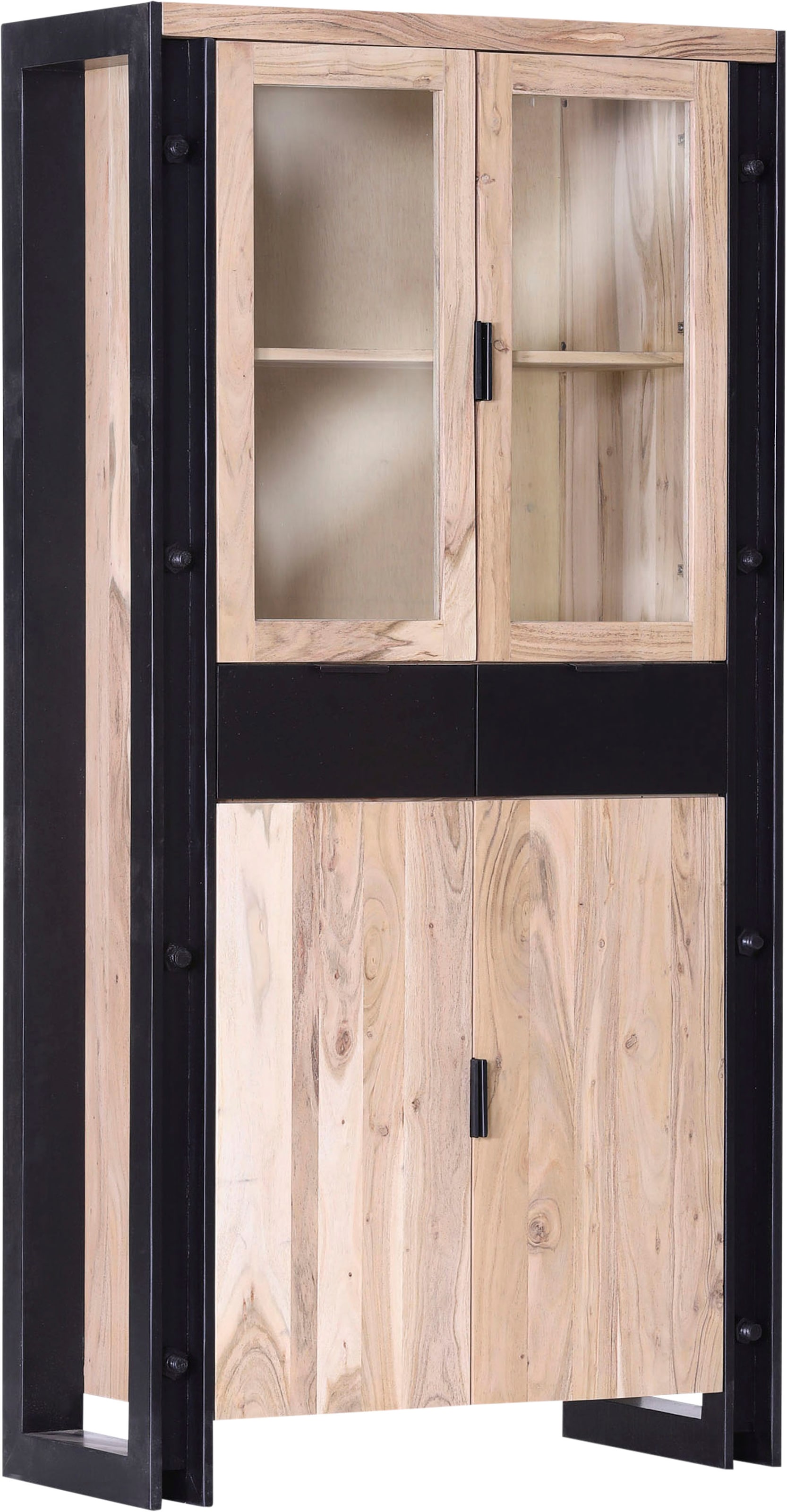 Gutmann Factory Vitrine "Massivholzvitrine aus Akazie, natur, Höhe 180 cm" Gestell schwaz lackiert, in Stahl-Optik