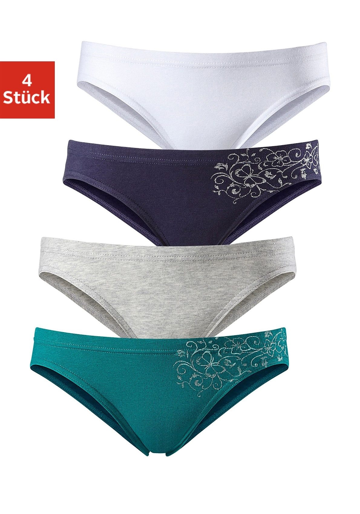 petite fleur Bikinislip, (Packung, 4 St.), schöner Basic für jeden Tag, mit floralem Glitzerdruck