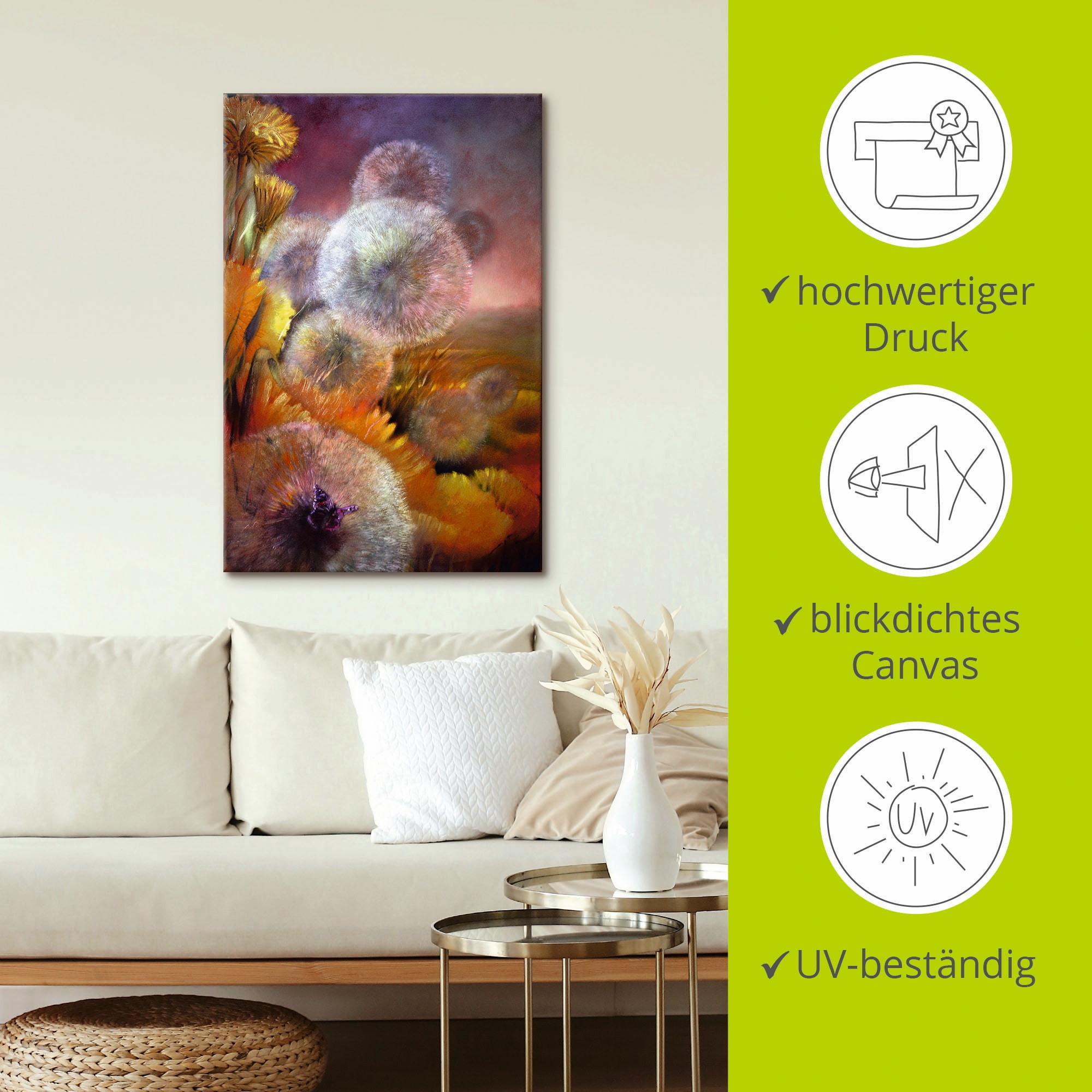 Artland Wandbild »Löwenzahn und Schmetterling«, Blumen, (1 St.), als Leinwandbild, Poster in verschied. Größen