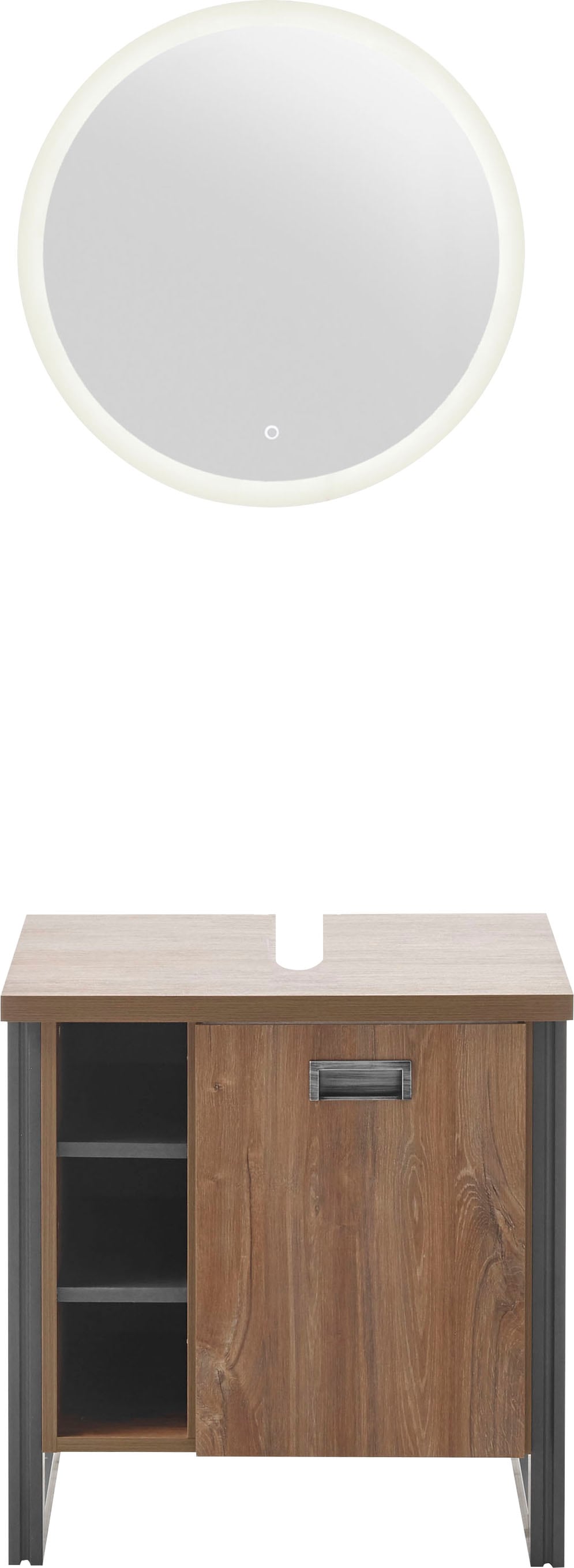 Home affaire Badmöbel-Set »Detroit, Bad im Industrialdesign, inkl. LED, 2-teiliges Badezimmer«, (2 St.), Unterschrank mit offenen Fächern & Stauraum, holzfarben, Rundspiegel