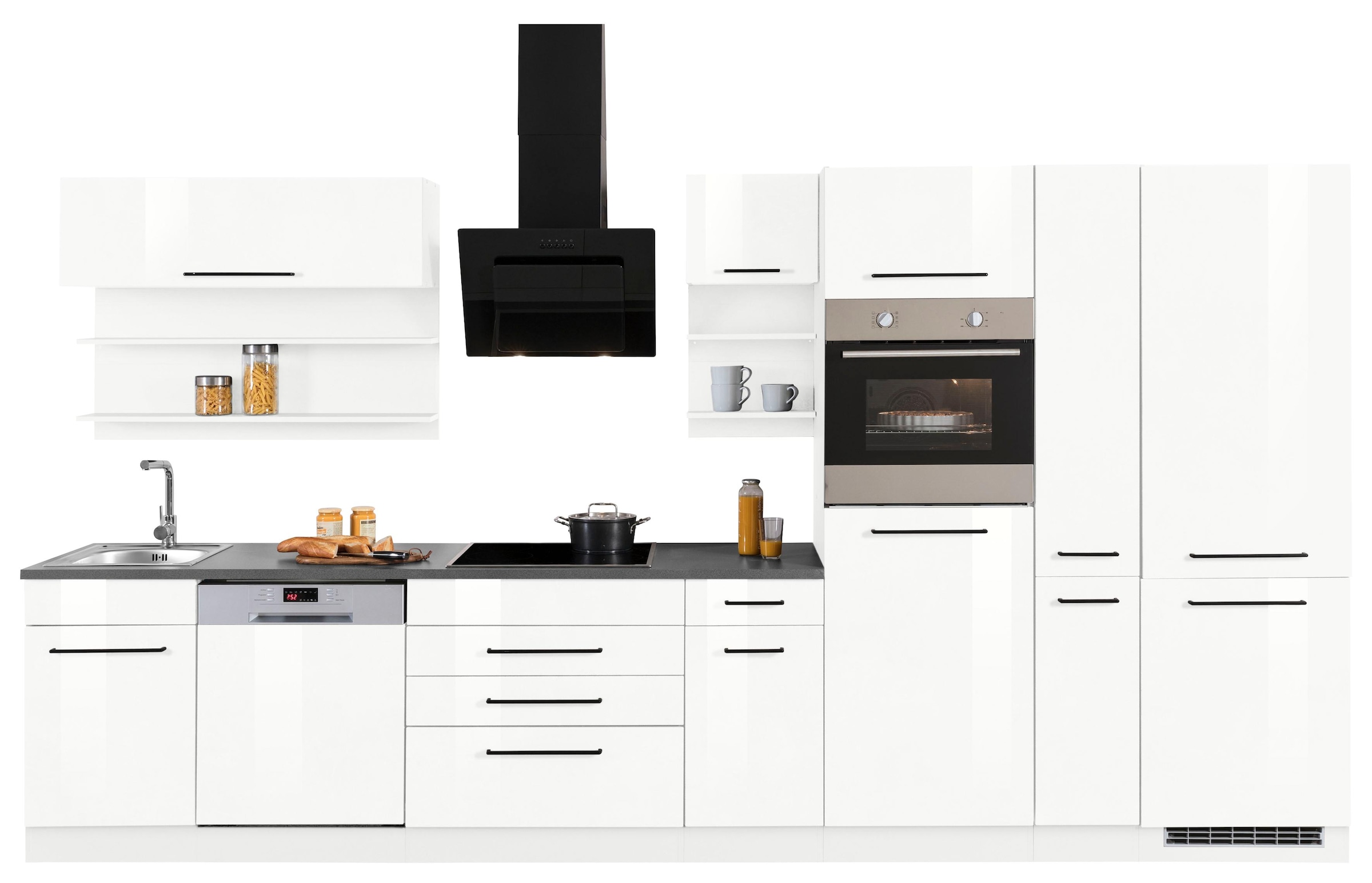 HELD MÖBEL Küchenzeile »Tulsa«, mit E-Geräten, Breite 380 cm, schwarze Metallgriffe, MDF Fronten