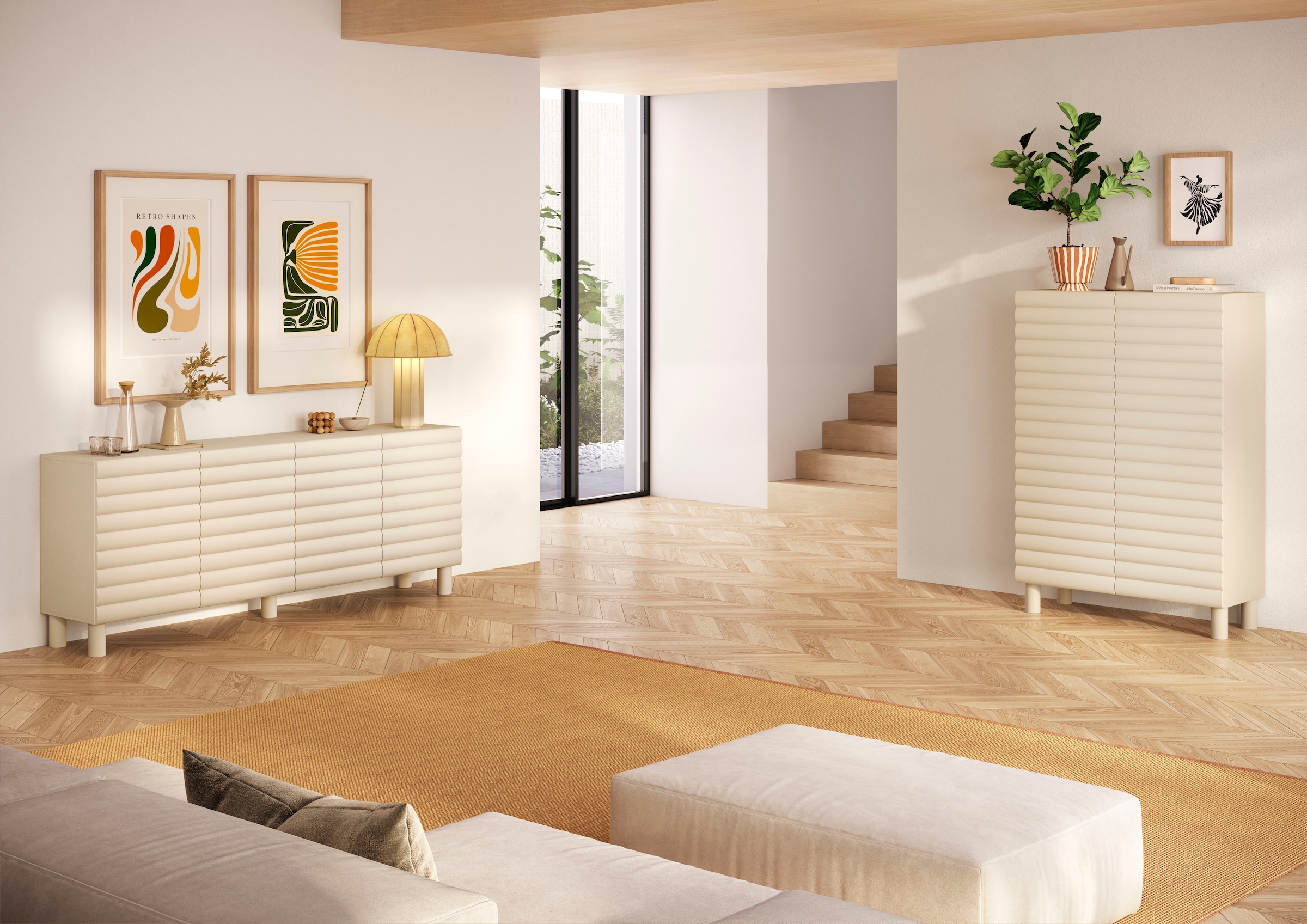 OTTO home Sideboard »Adria, 202 cm breit, 4 Türen, Anrichte, Kommode, Stauraumschrank« Korpus Talco Spatolato, MDF-Fronten in 3D-Design, viel Stauraum