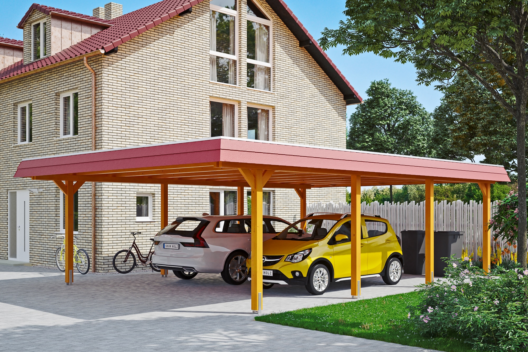 Skanholz Doppelcarport »Wendland«, Leimholz-Fichte, 550 cm, Eiche hell, mit Aluminiumdach, rote Blende