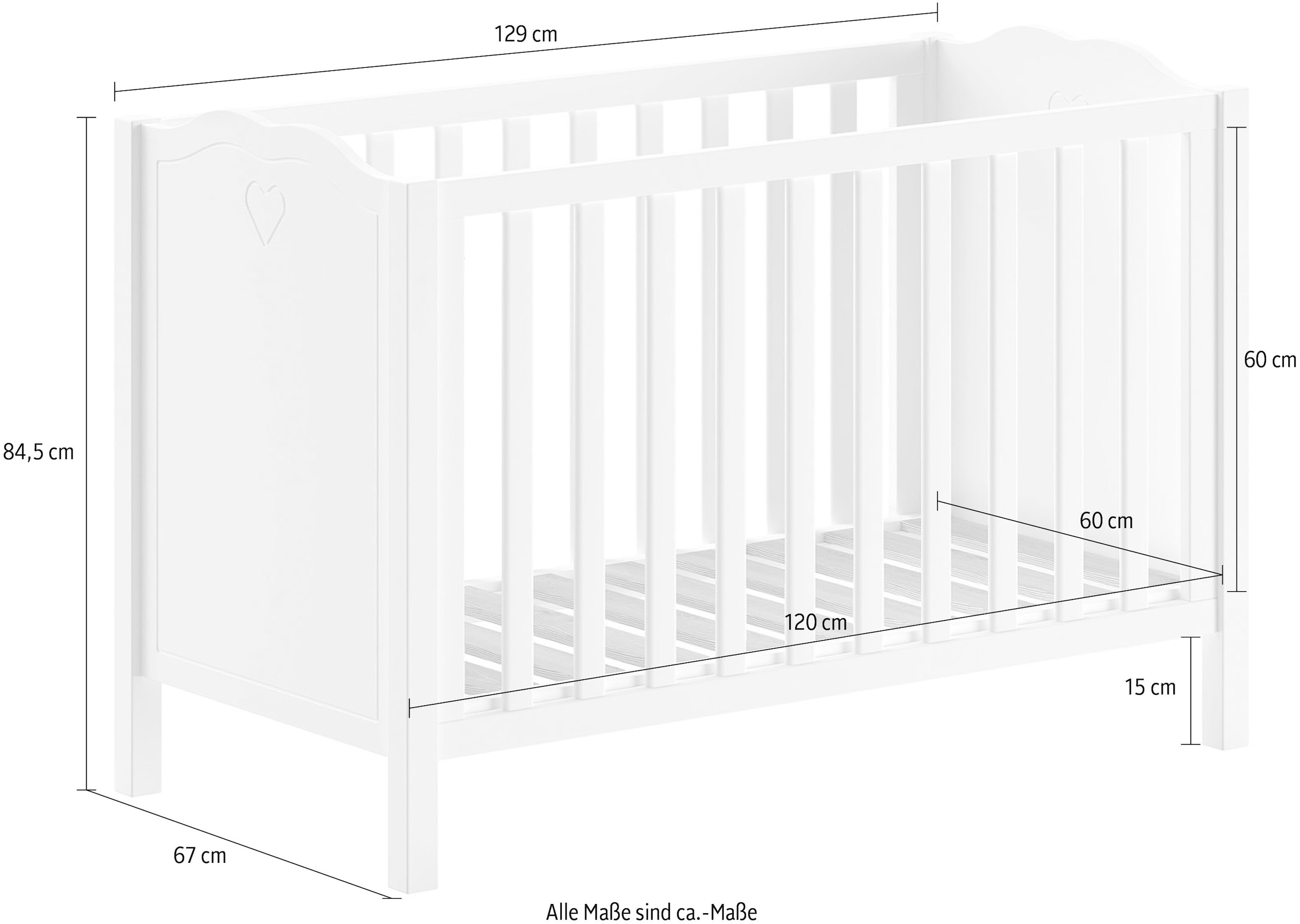 Vipack Babybett »Amori 60/120 mit verstellbarem Lattenrost, sehr stabil gebaut«, mit geschwungenem Kopfteil und Herz Ornament, weiß lackiert